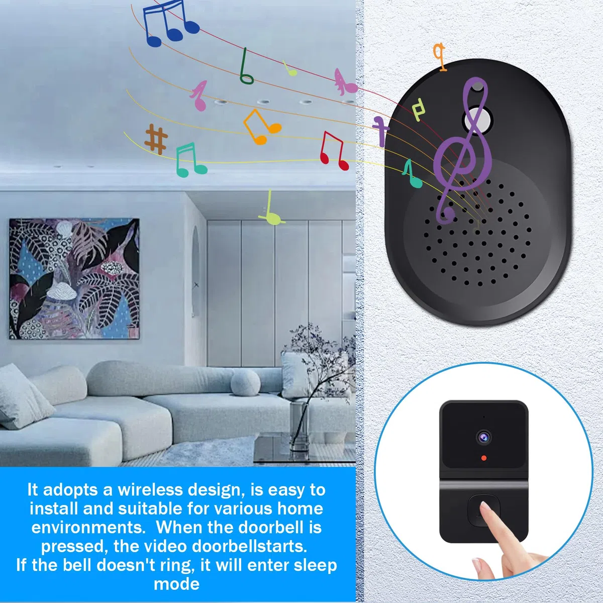 Videocitofono campanello con telecamera senza cavo, Wi-Fi video campanello con fotocamera, 2.4GWifi video campanello per porta vista notturna/2 vie audio/supporta SD e memoria cloud con campana
