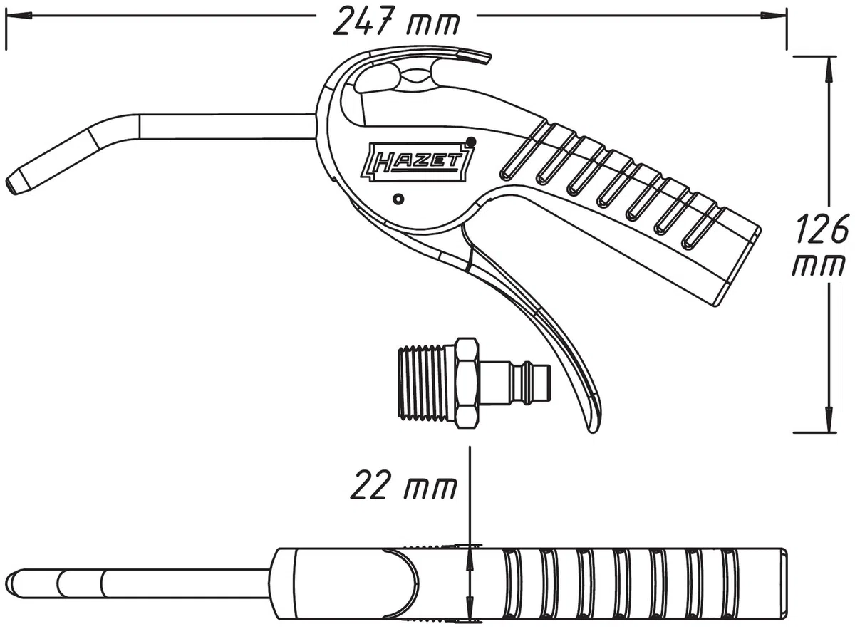 Pistola di soffiaggio HAZET 9040P-1 | ugello curvo lungo 100 mm, pressione di esercizio 6 bar con impugnatura ergonomica | per la rimozione rapida di trucioli o altri corpi estranei'.