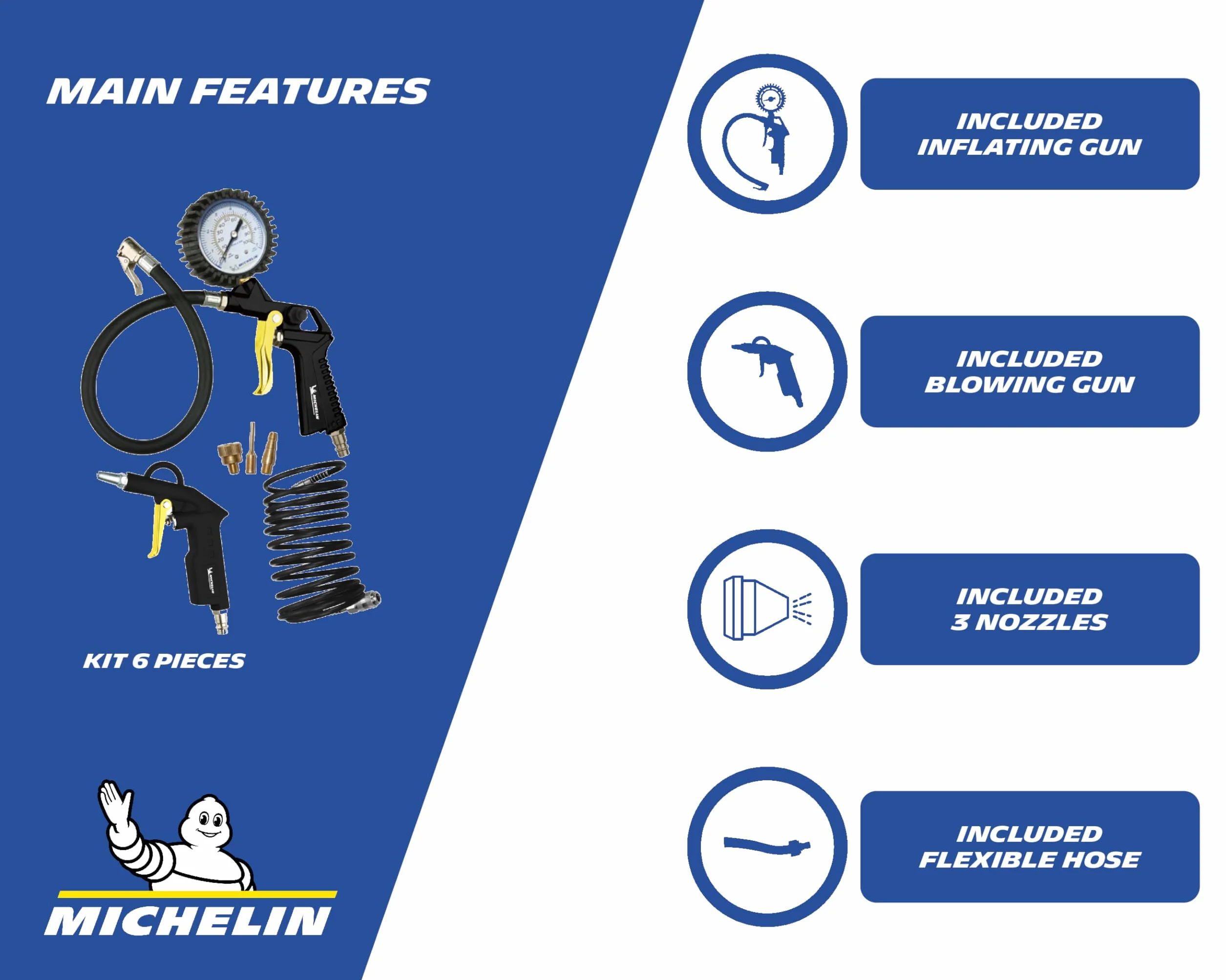 MICHELIN - Kit aria compressa 3 pezzi (Include pistola di gonfiaggio con manometro, tubo flessibile a spirale da 5 m, pistola di soffiaggio corta) - Pressione massima : 8 bar