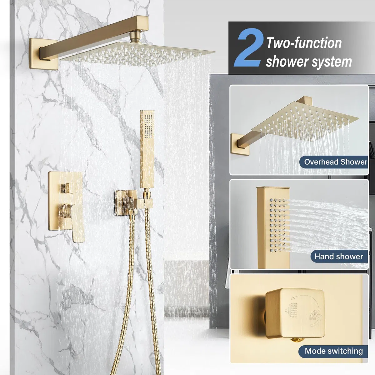 Doccia a Incasso Doccia Sistema con Valvola Montaggio a Parete Soffione Doccia a Pioggia Quadrato da 20cm,Doccetta,Rubinetto Vasca Da Bagno,Oro Spazzolato