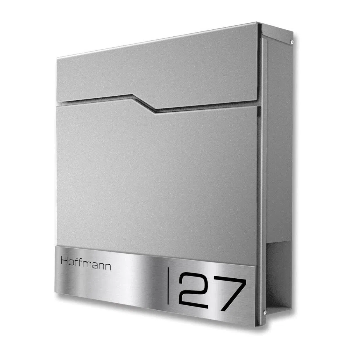 Metzler Cassetta Postale da Parete Grigio Alluminio RAL 9007 – Cassetta postale di design con targhetta nominativa in acciaio inox V2A incisa al laser e vano portagiornali – Modello Enno