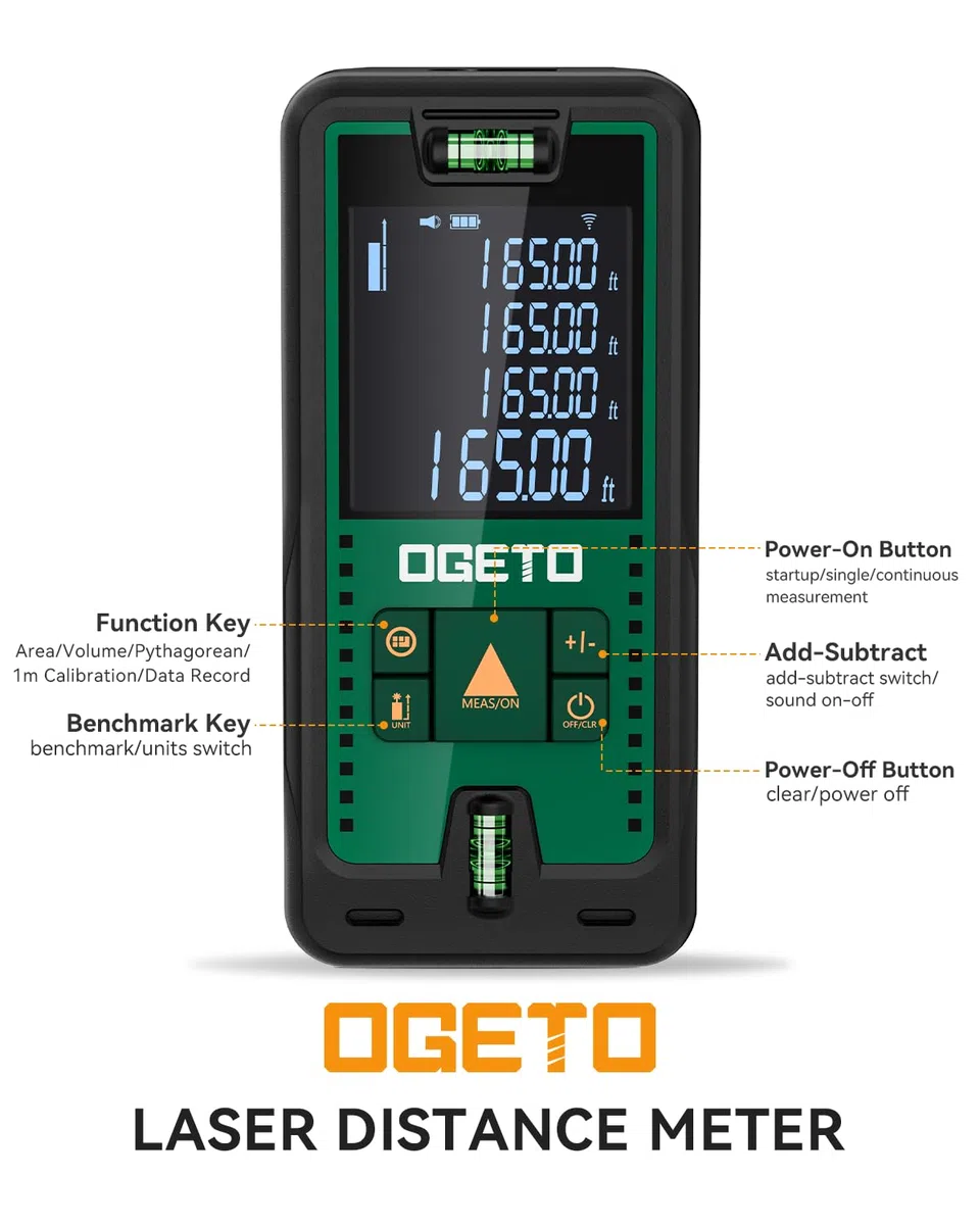 Metro Laser, OGETO Misuratore di Distanza Laser IP54 Strumento di Misura Digitale Portatile Telemetro con Livelle a Bolla e Ampio Display LCD Retroilluminato