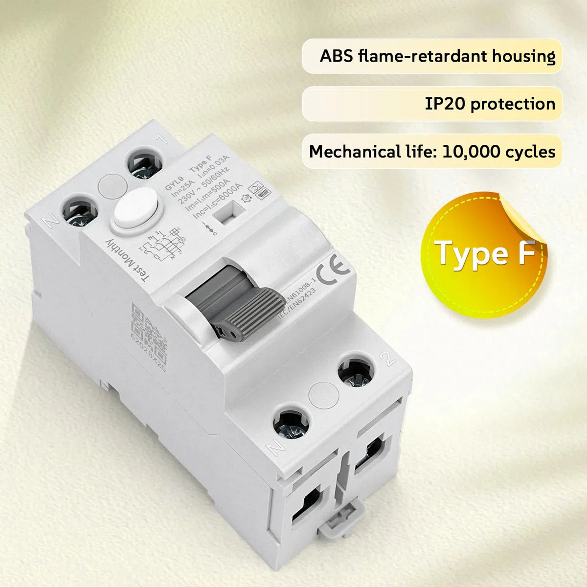 Interruttore magnetotermico differenziale Tipo F 25A 30mA 2 poli salvavita 25A 0.03A 6kA 2P RCCB AC230V interruttore differenziale adatto per apparecchiature a frequenza variabile monofase GYL9