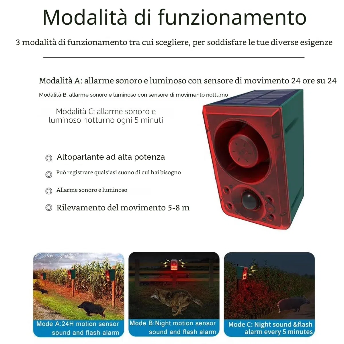 Allarme sensore di movimento solare da esterno - Cane che abbaia e sparo, generatore di rumore forte da 130 dB, 3 modalità di lavoro con luce stroboscopica USB, dì addio agli intrusi