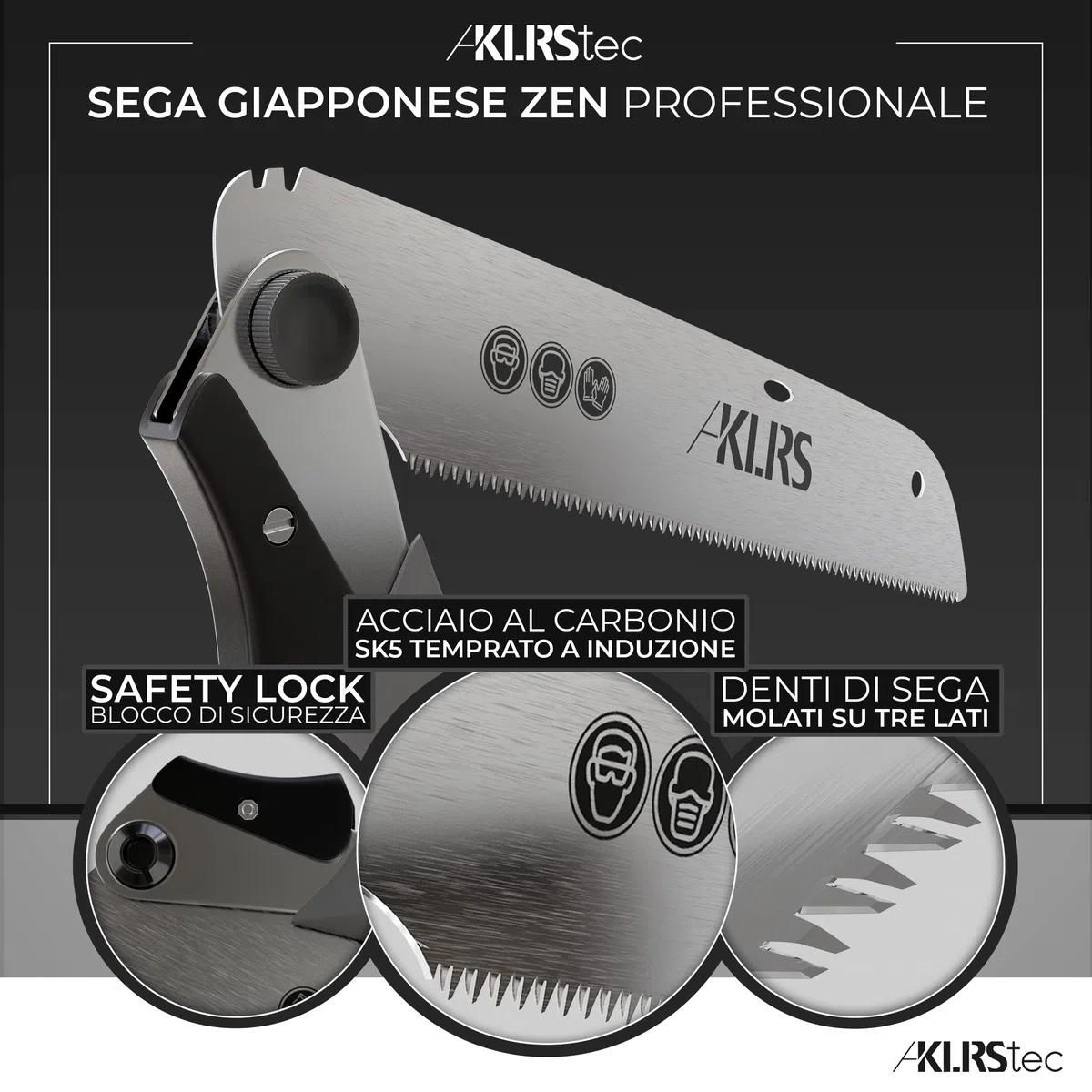 KLRStec Sega giapponese Zen professionale - Seghetto professionale per legno da 240 mm [inclusa borsa con clip] Sega pieghevole per esterni con acciaio al carbonio temprato [SK5]