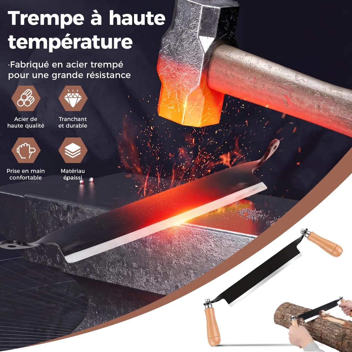 Coltello da taglio per legno da 250 mm, pelapatate con comodo manico in legno, acciaio al tungsteno, coltello per tegole, assemblaggio richiesto (250 mm, dritto)