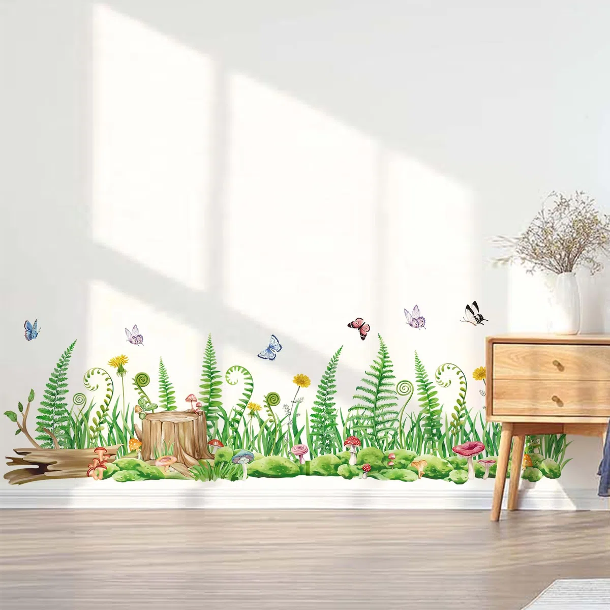 wondever Adesivi Murali Verde Erba Felce Sticker da Muro Pianta Verde Farfalle Baseboard Adesivi da Parete per Camera da Letto Soggiorno Corridoio
