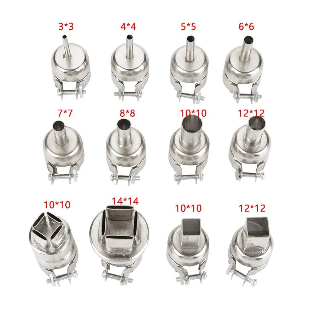 12Pcs / Set Ugelli Kit Ugelli Pistola Termica in Acciaio per 850 Strumento di Riparazione Stazione di Saldatura ad Aria Calda (Rotondo/Quadrato/Quadrato a Doppio Strato)