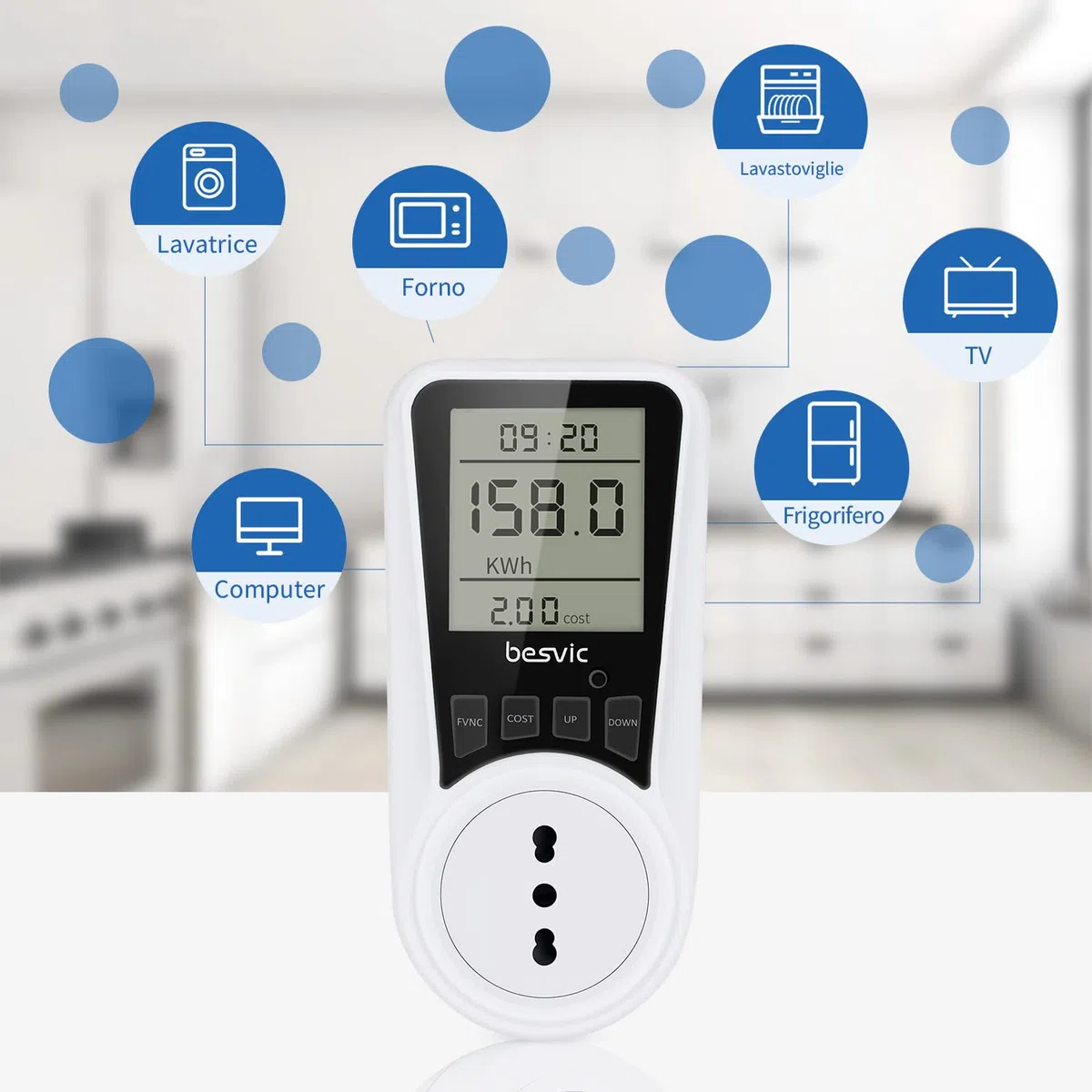 Misuratore Consumo Elettrico, 3680W Misuratore di Potenza Contatore del Consumo di Corrente, Spina Italiana con Schermo LCD, 7 Modalità di Monitoraggio, Protezione da Sovraccarico【1 Pezzo】