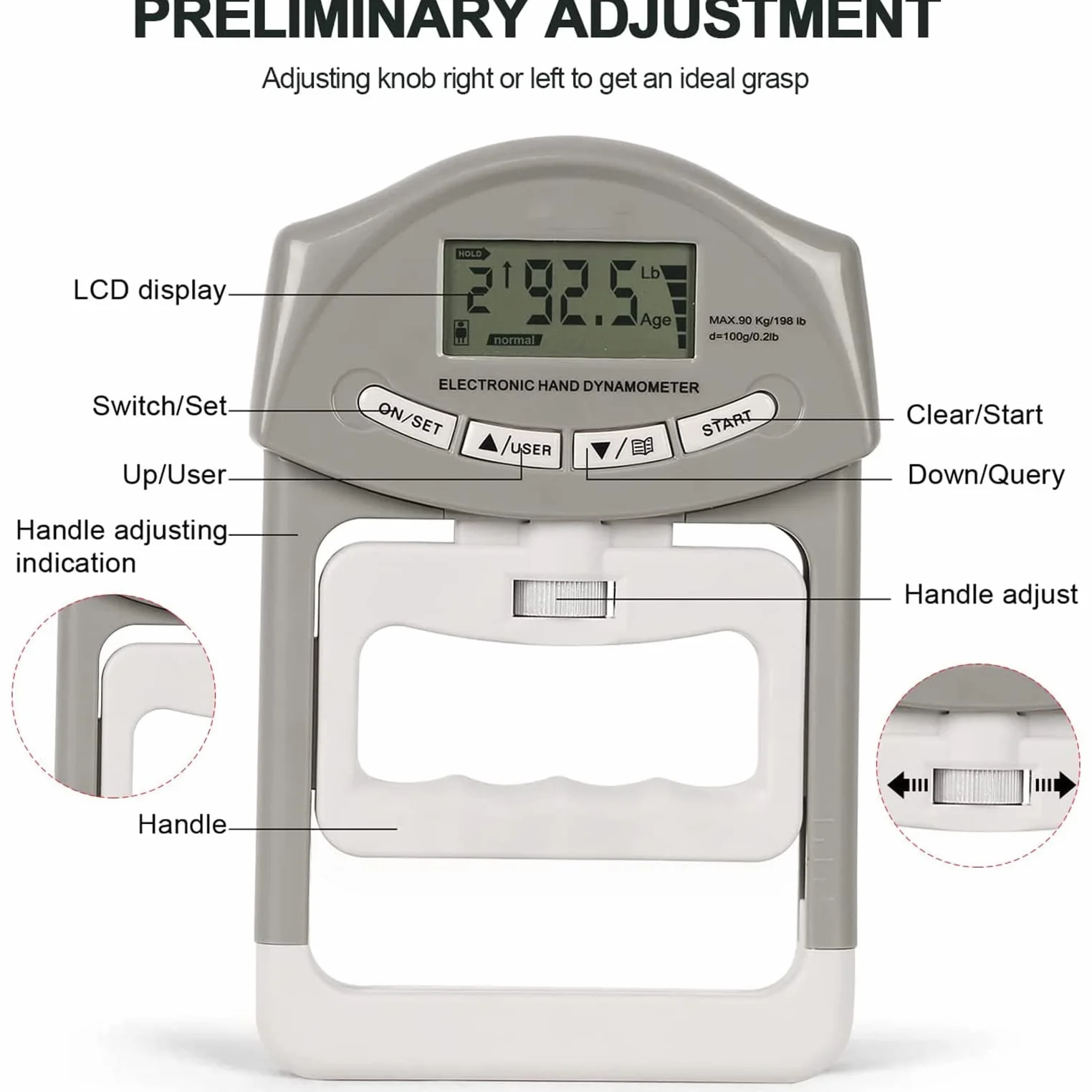 200lbs/90 Kg digitale a mano dinamometro Grip Forza Misurazione Meter Auto di mano presa Elettronica dinamometro Meter Dinamometro Digitale a Mano Misuratore di Forza