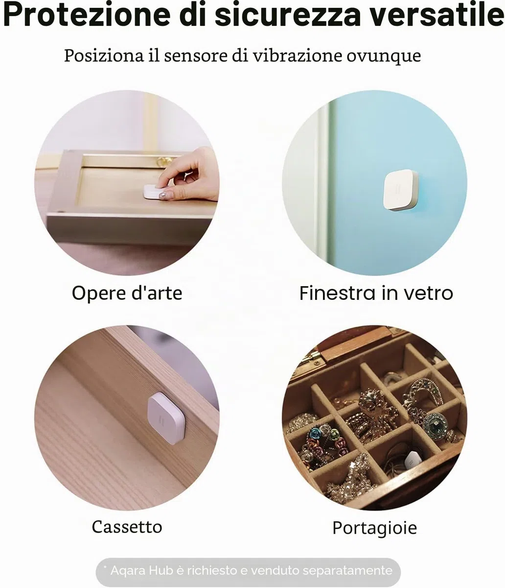 Aqara Sensore di vibrazione, Zigbee, Richiede un Hub Aqara, Rilevatore di Rottura Vetro Wireless Mini per Sistemi di Allarme e Automazione, Compatibile con Apple HomeKit, Home Assistant e IFTTT