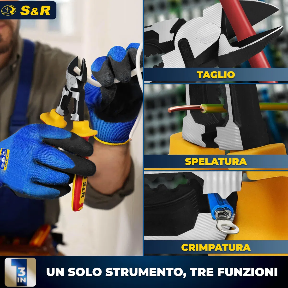 S&R Pinza Elettricista Diagonale Isolata 220 mm VDE 1000V – Pinza Taglio Laterale Combinata 3 in 1 con Spelatura e Crimpatura – Tronchesi per Cavi Professionale in Acciaio 60CrV