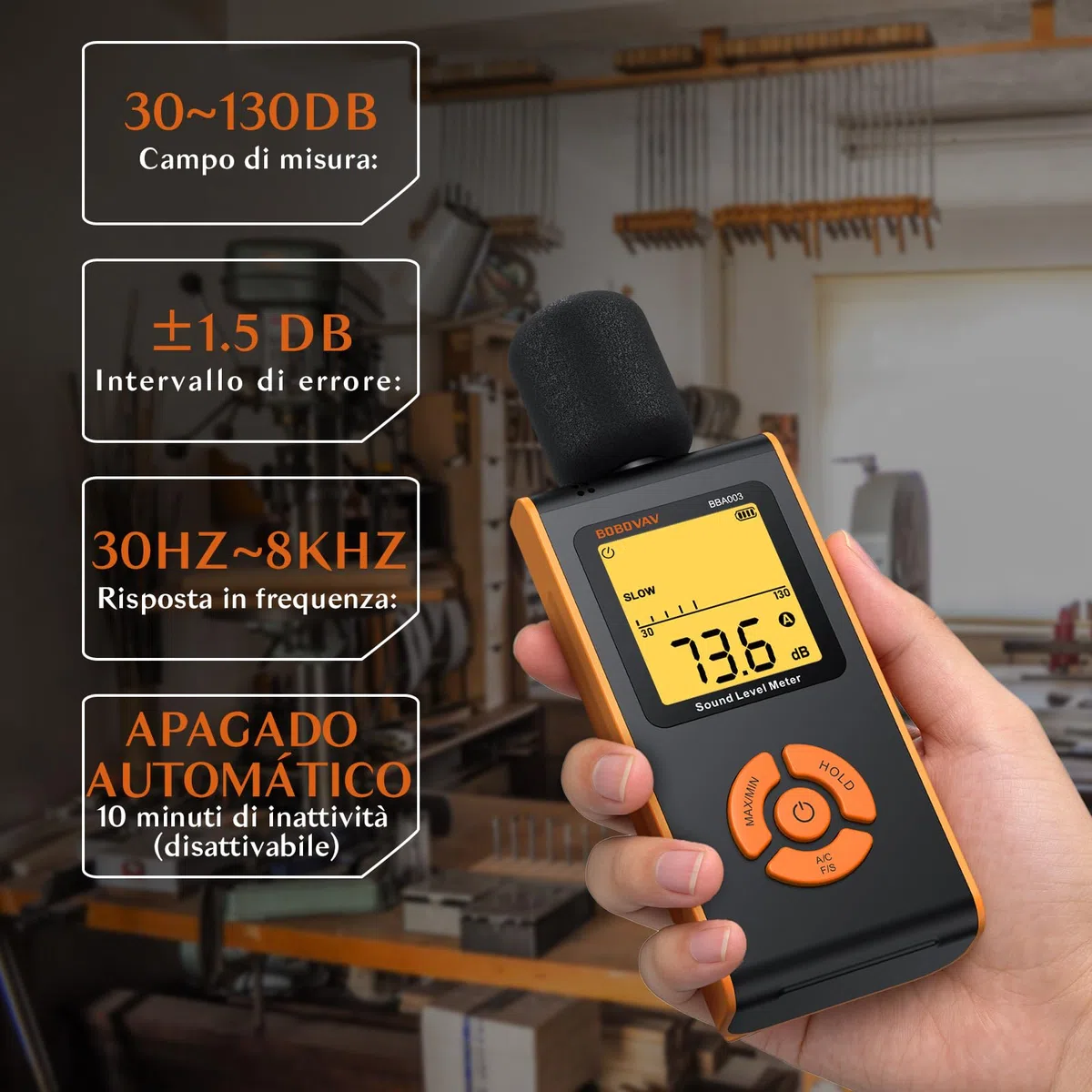 Fonometro Professionale con Ponderazione A/C, Misuratore SPL Portatile,Gamma 30-130 dB Display LCD Retroilluminato e Modalità FAST/SLOW per Fabbrica,Trasporto,Ufficio,Aula