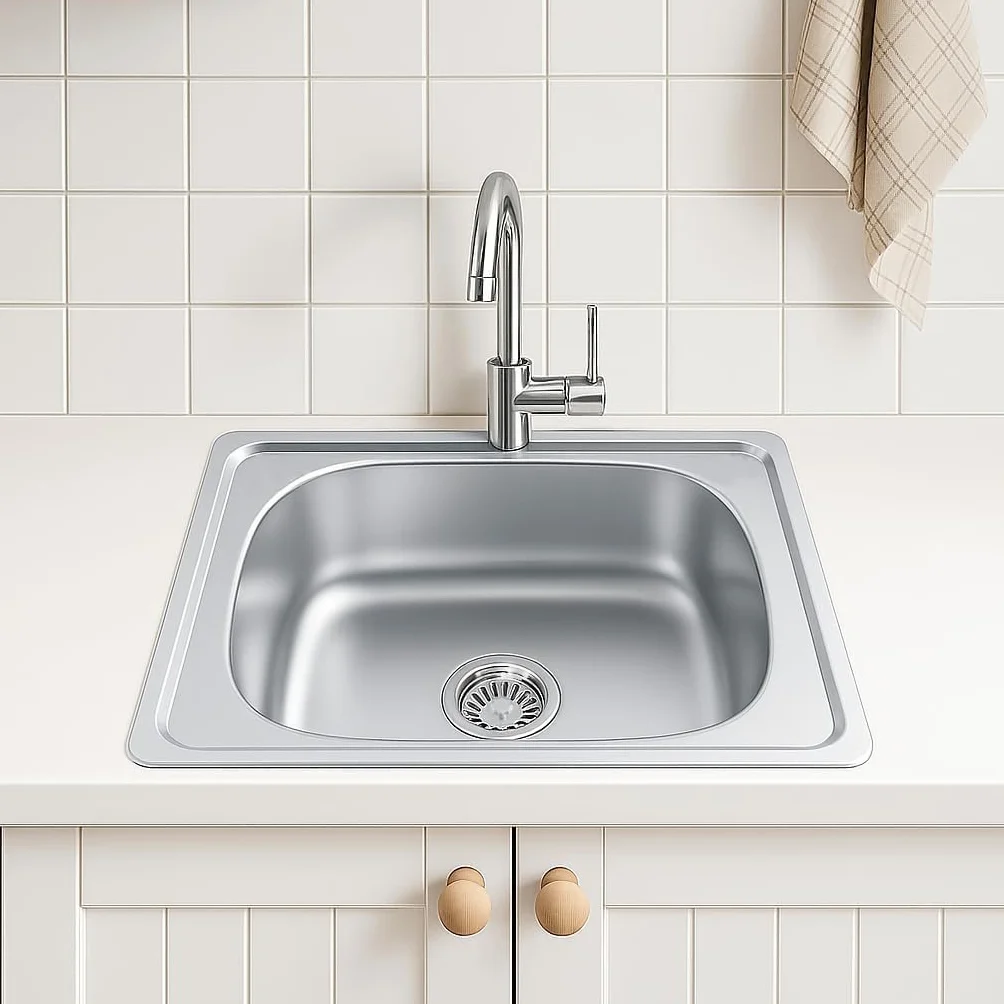 Lavello in acciaio inox, 1 vasca con sifone e foro per rubinetto (48 * 48cm)