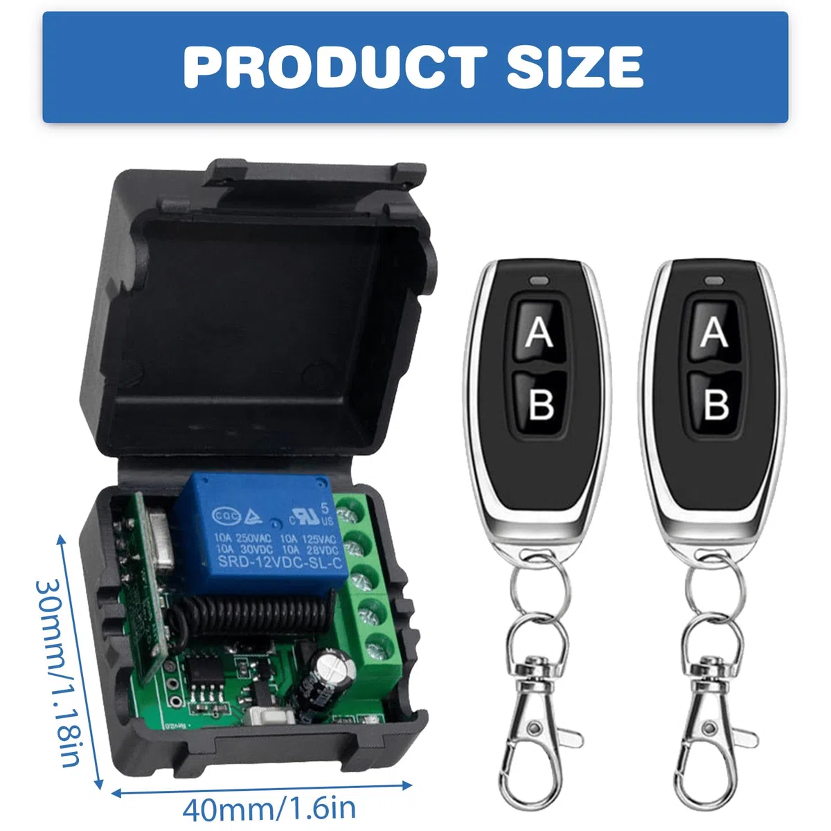 Interruttore radiocomandato, 5 V, 12 V, 24 V, 30 V, interruttore radio con 2 telecomandi, ricevitore relè a 1 canale, porta del garage universale, senza potenziali contatti
