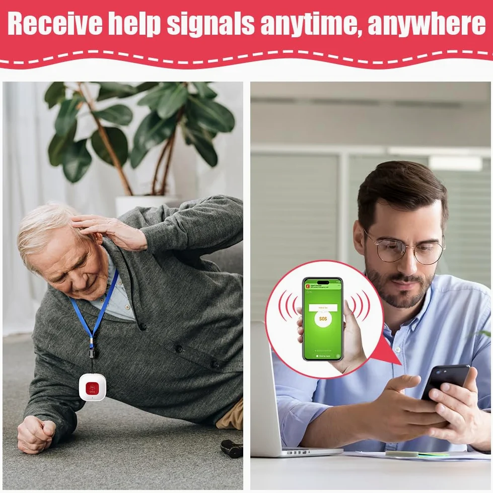 Ainiv WiFi Smart SOS Allarme Pulsante di Emergenza, Lsante di Emergenza per Anziani Pulsante, Ricevitore Portatile, Allarme Sicurezza Cercapersone, Sistema Assistenza per Anziani, Ricarica USB