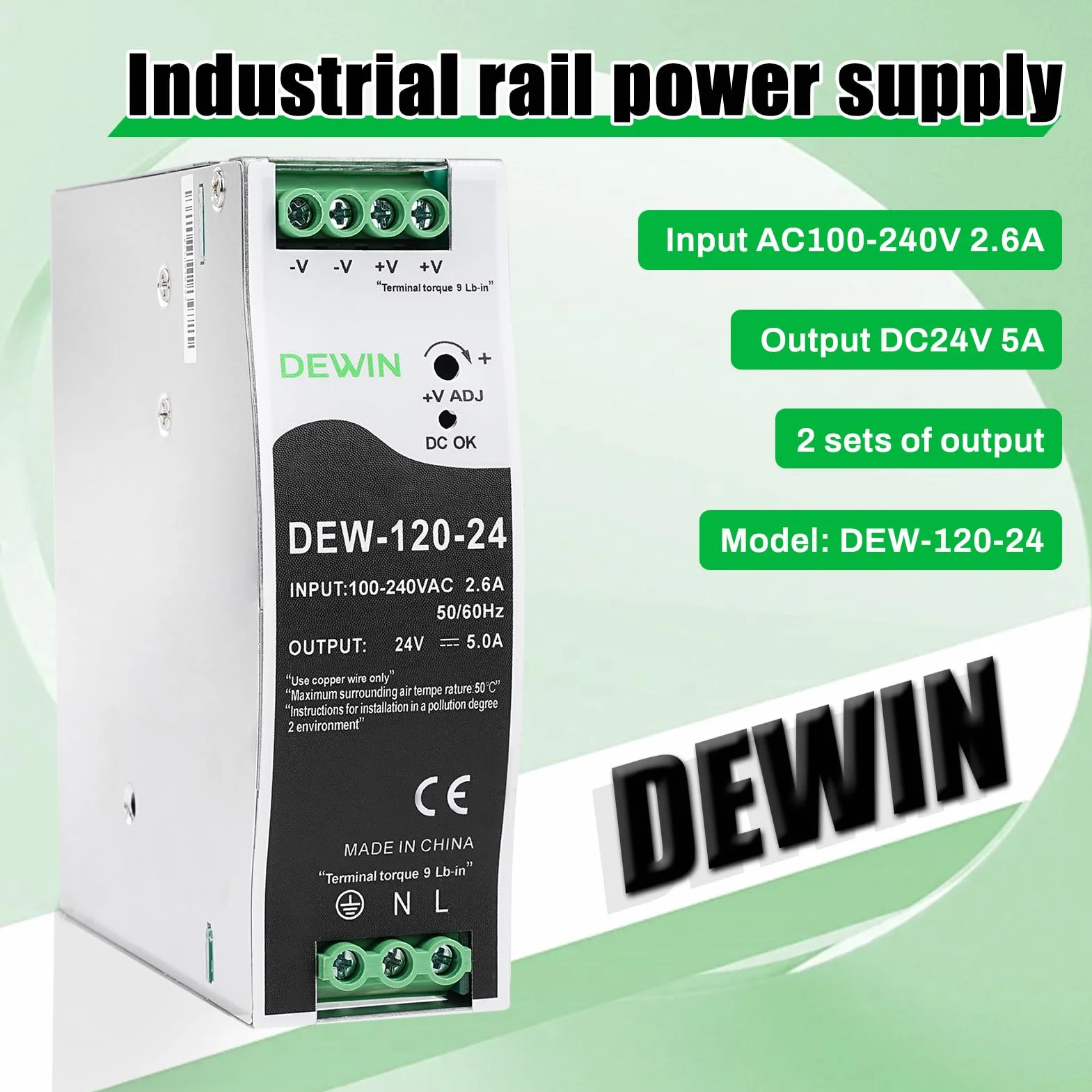 DEWIN Alimentatore 24V 5A din 120W Alimentatore per guida din Trasformatore per guida,Ingresso AC 100-220V 2,6A Uscita DC 24V 5A (Con Manuale in Italiano)