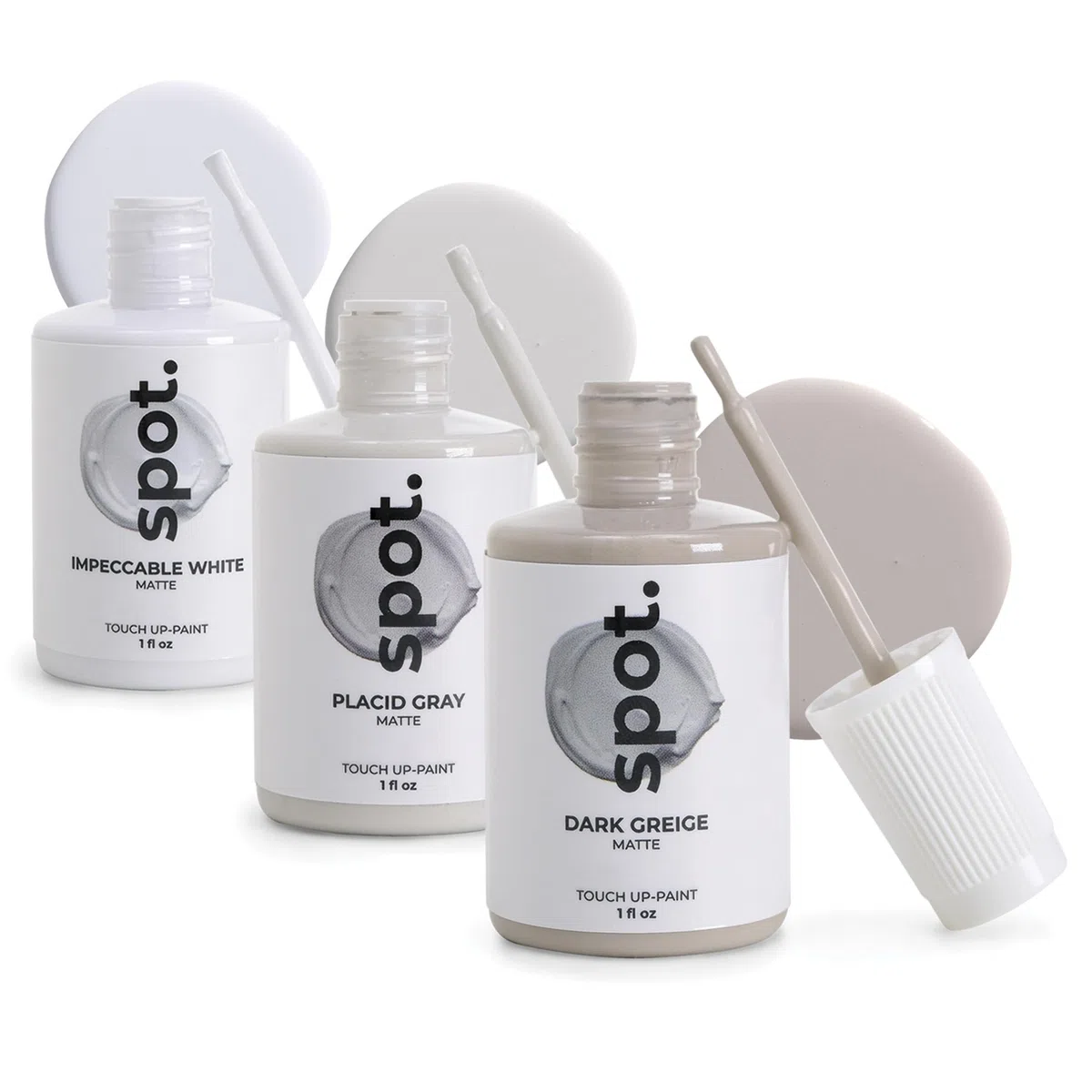 spot. Vernice per ritocchi – finitura opaca, ad asciugatura rapida, perfetta per armadi, pareti, finestre, porte e riparazioni di mobili, set di 3 colori si adatta al 90% di tutte le superfici (grigio