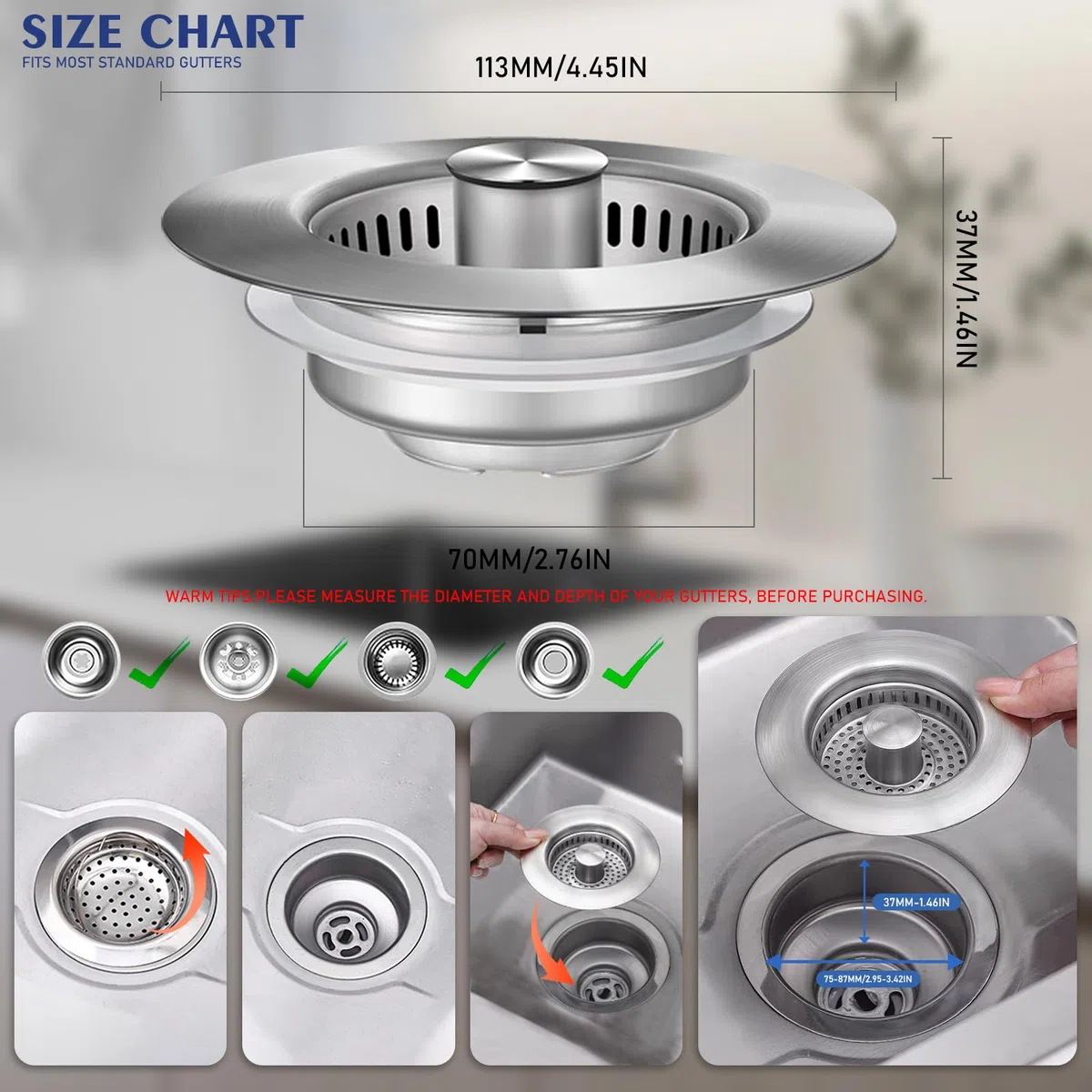 Tappo Scarico Lavandino Cucina E Setaccio, Filtro Di Piletta Del Lavello, Griglia Lavandino Accessori, Materiale in Acciaio Inox E Rame, Adatto per Fori Di Lavandino Profondi 37 mm E Larghi 75-87 mm.