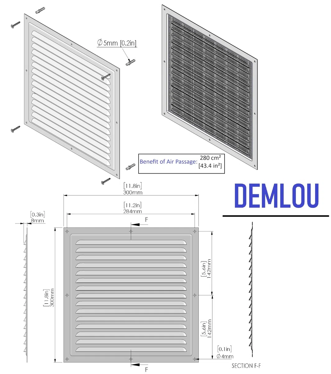 Griglia di Ventilazione Quadrata in Alluminio Verniciato RAL 9016 – Rete Protettiva Antinsetti – Presa d’Aria Interna ed Esterna – 30 x 30 cm – Colore Bianco.