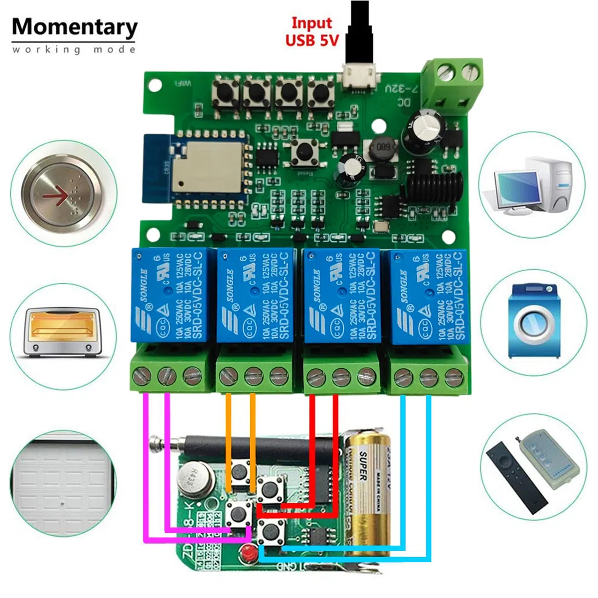 Interruttore intelligente WiFi 4 canali modulo relè momentaneo/autobloccante/interbloccante Telecomando App Tuya Smart Life con telecomando RF a 433 MHz Compatibile con Alexa Google Assiatant