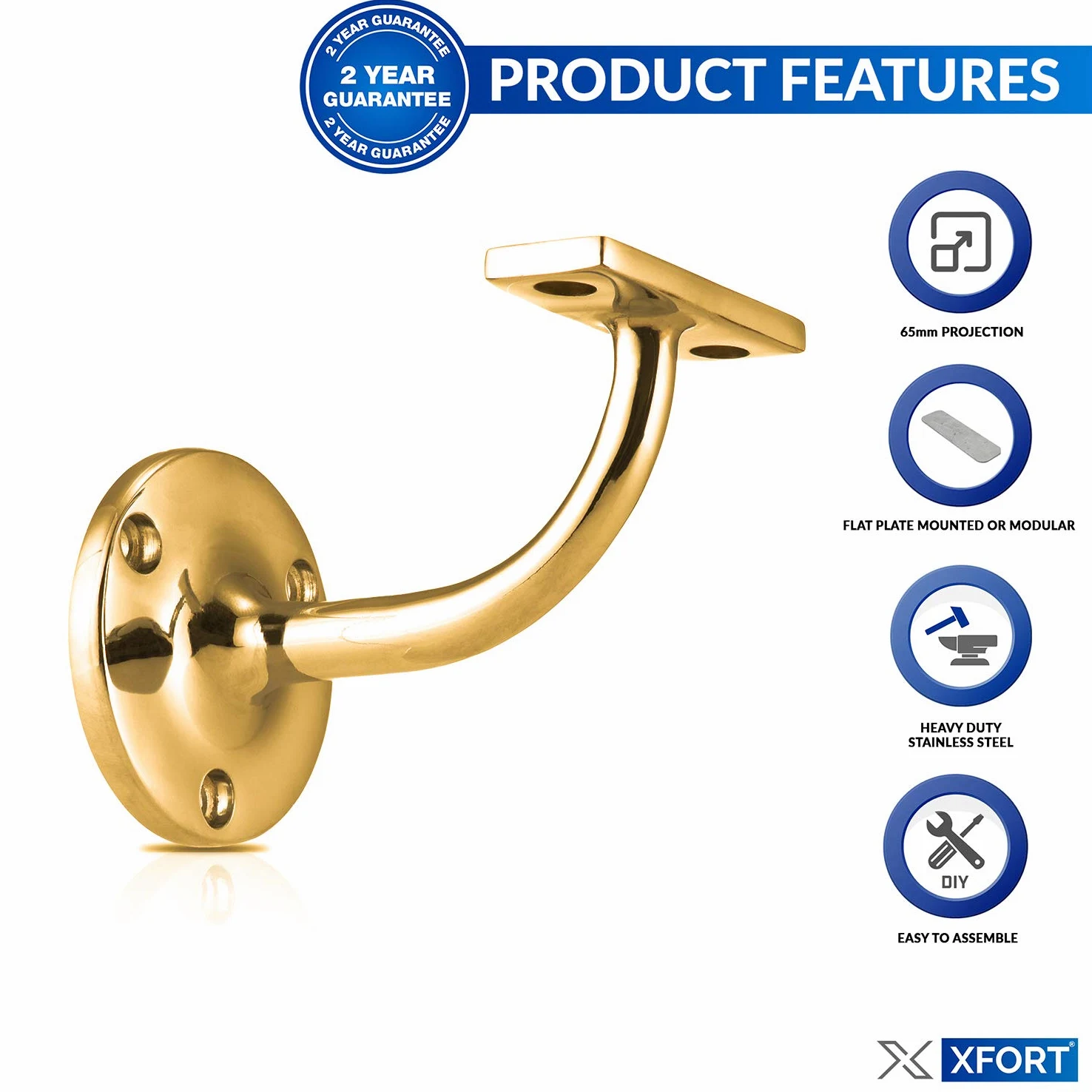 XFORT Set Di 4 Staffe Per Corrimano, Staffe In Acciaio Resistente Per Corrimano Per Scale, Per Corrimano In Legno E Acciaio, Staffe Eleganti Ed Eleganti Per Corrimano (Ottone lucido)