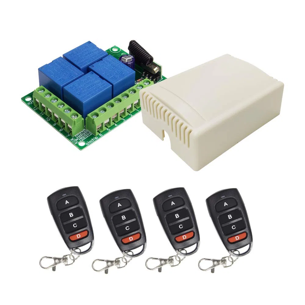 QIACHIP 433 Mhz RF Interruttore remoto wireless ricevitore relè radiocomando 4 canali DC 12V con 4 telecomandi per luci, porta del garage, motore controller