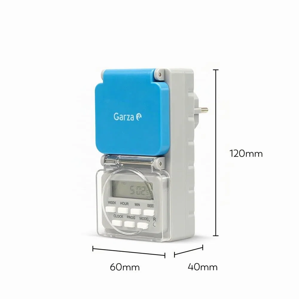 Garza - Spina digitale da esterno IP44 impermeabile, timer settimanale 24/7, 8 programmi ON/OFF, modalità casuale, protezione bambini, display LCD, 3680W 16A, Type F