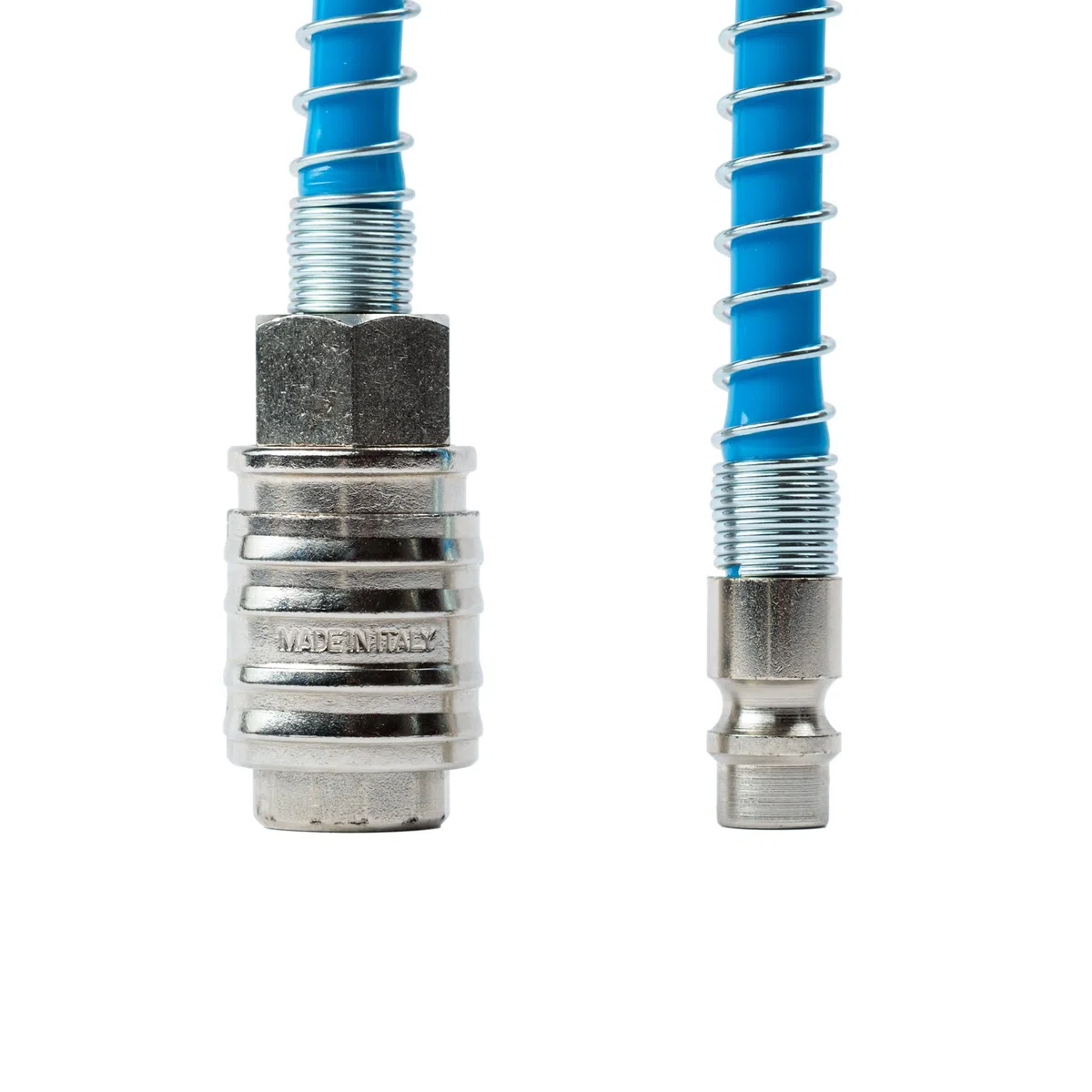 Tubo a spirale per aria compressa in PU poliuretano Ø 6,5 x 10 mm lunghezza 7,5 mt completo di raccordi ad attacco rapido universale. 100% Made in Italy