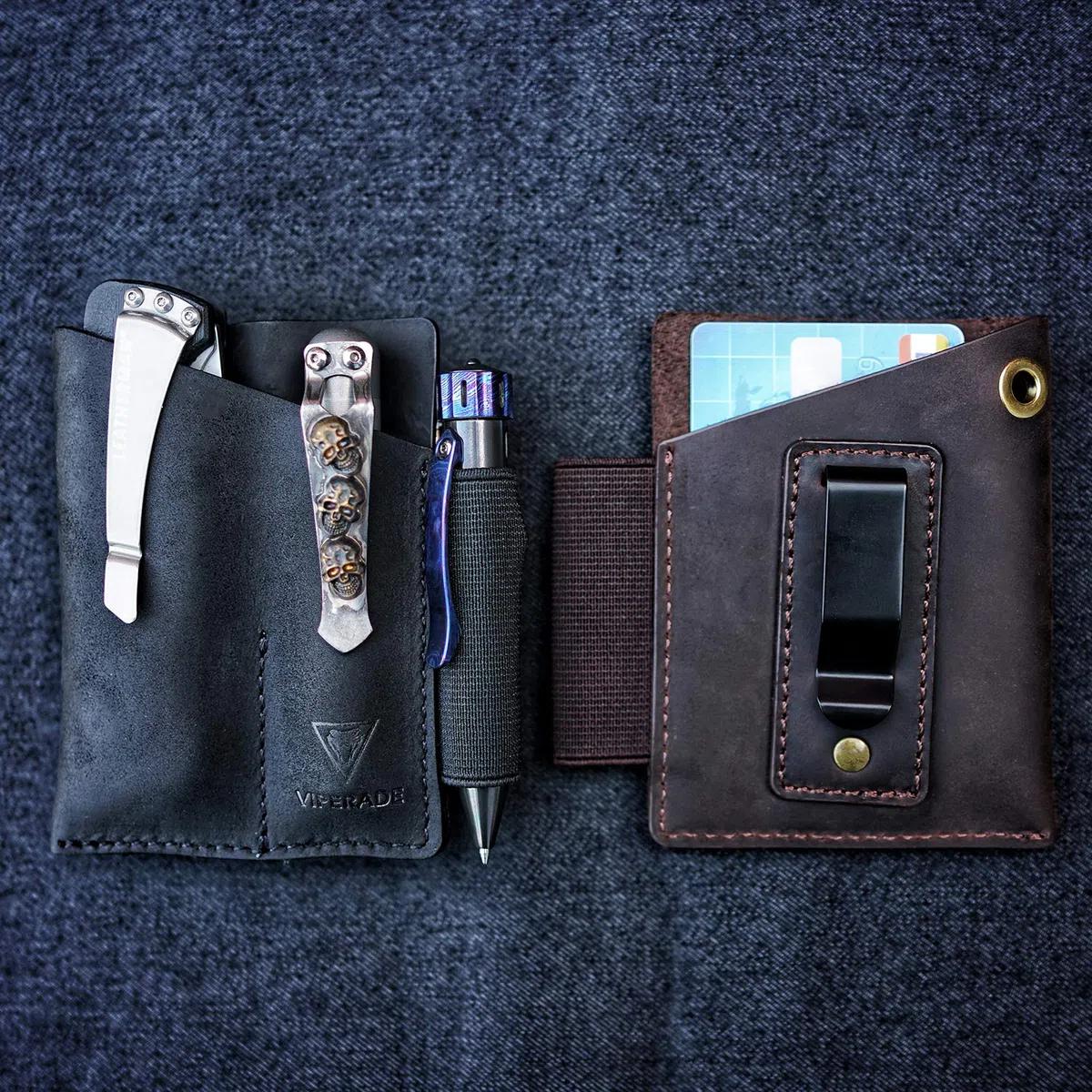 VIPERADE PJ12 EDC Fodero in pelle Guaina multiutensile Fondina per strumenti Fodero per coltello Guaina per torcia elettrica per Leatherman Guaina per coltello multiutensile con 2 tasche (Marrone)