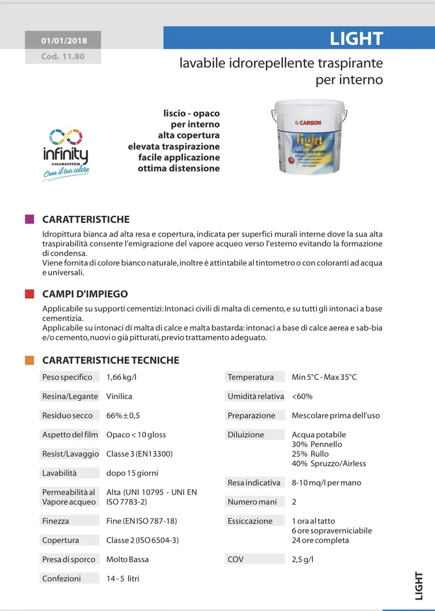LIGHT Pittura lavabile idrorepellente traspirante per pareti OTTIMA COPERTURA Bianco (LT. 5)