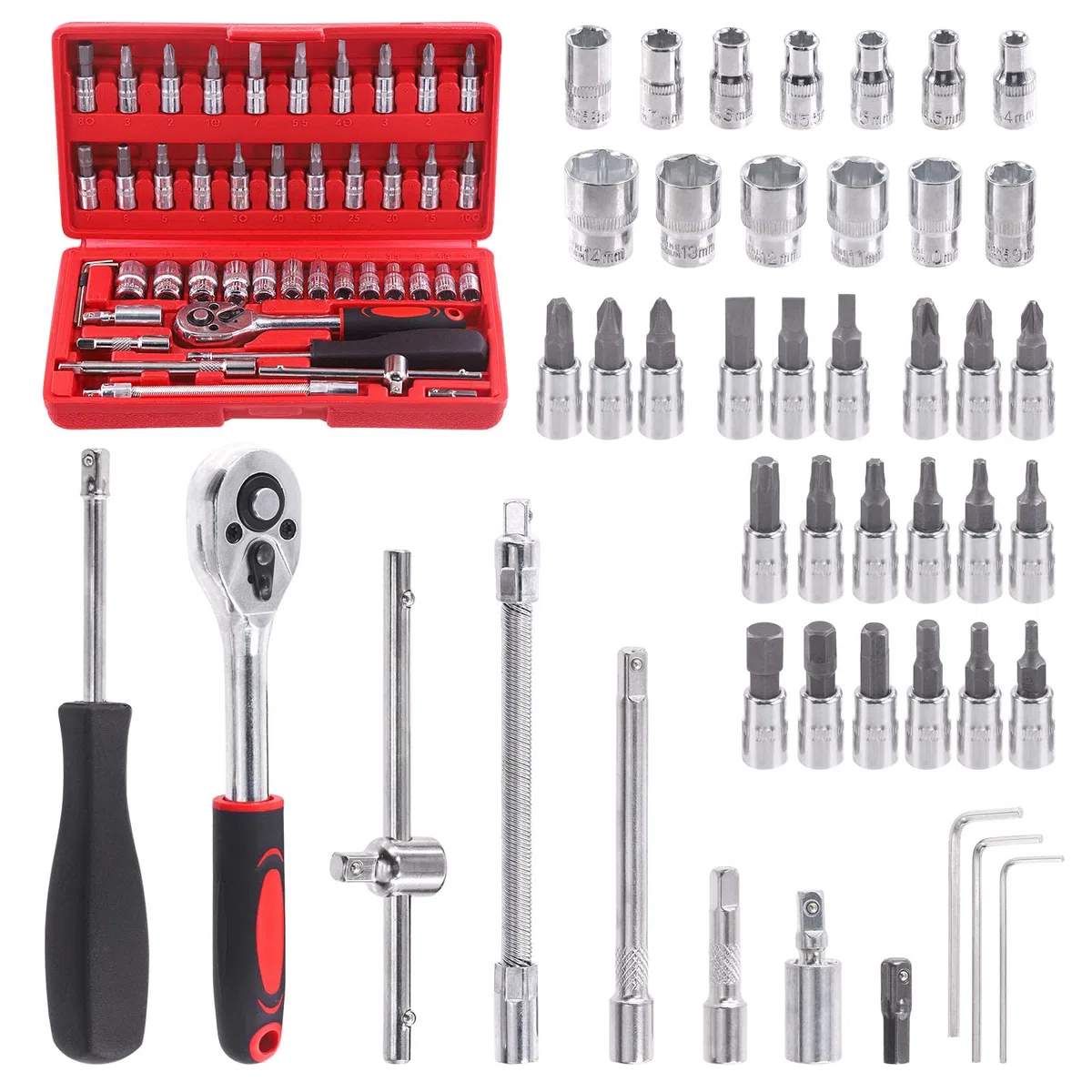 Swpeet Set di 46 chiavi a cricchetto da 1/4" e bussole con custodia, kit assortito, metrico e barra di estensione per riparazione auto e casa