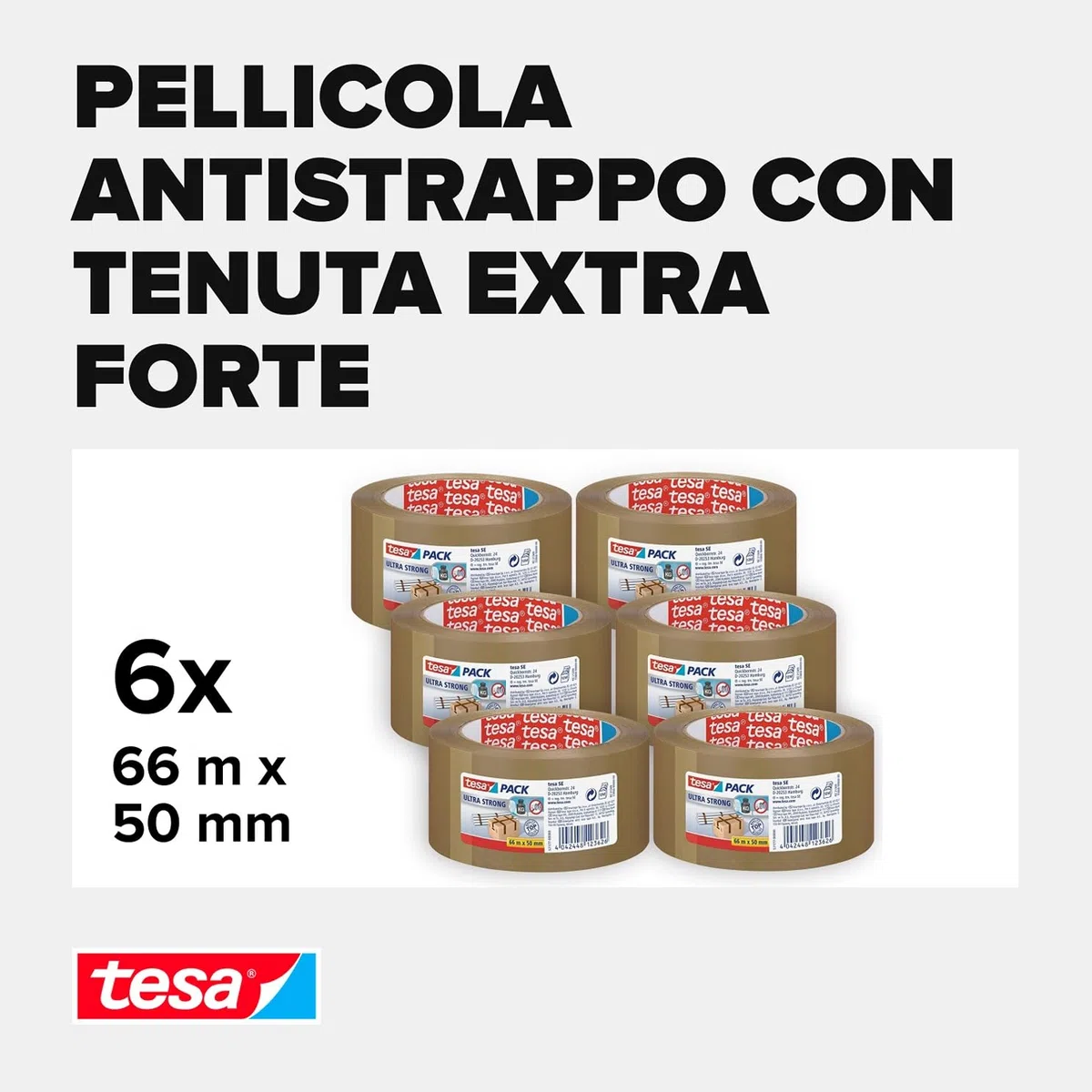 Tesa tesapack Ultra Forte - Nastro Adesivo d'Imballaggio in PVC Solido e Sicuro - Marrone - 6x 66 m x 50 mm