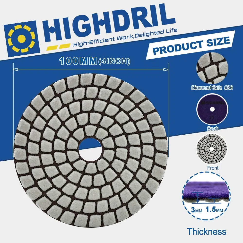 HIGHDRIL Tamponi Lucidatura Diamantati 8 Pezzi - 100mm Grana #30 Secco Dischi per Lucidare Marmo Granito Quarzo