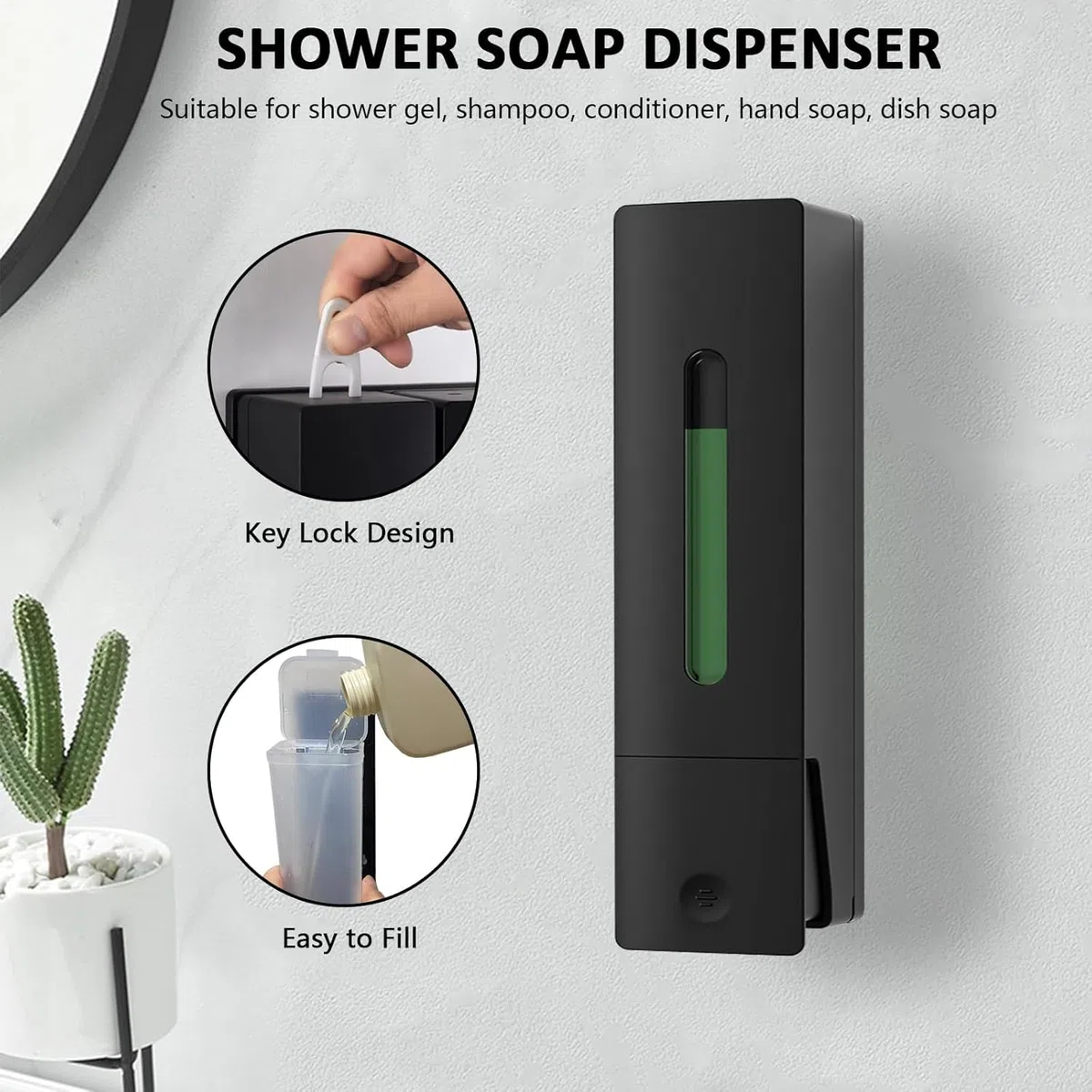 Dispenser per sapone a mano singolo, montato a parete, 400 ml, pompa per doccia nera, distributore di sapone liquido trasparente ricaricabile, montaggio senza fori con colla o fissaggio a parete con