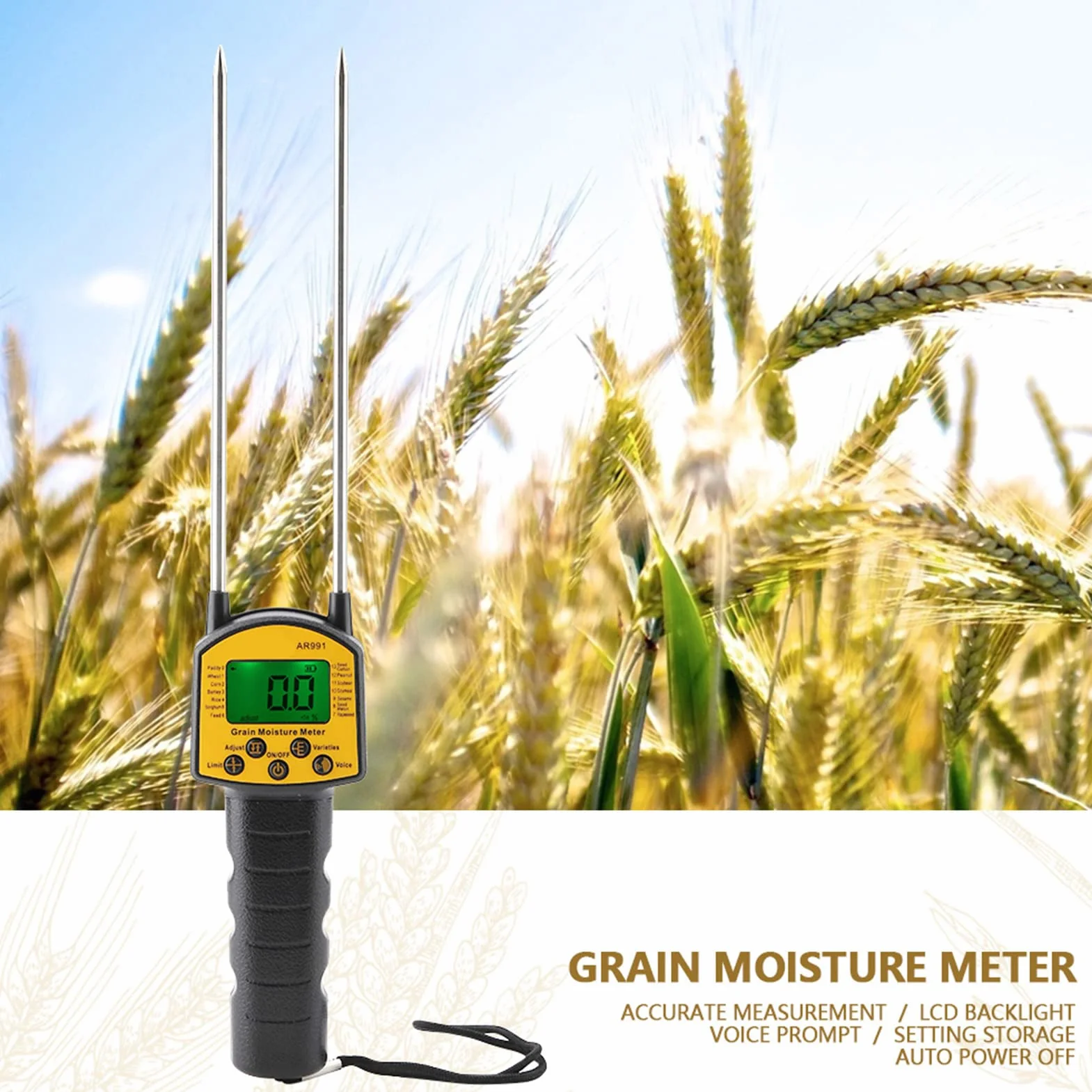 Misuratore di Umidità Digitale LCD Portatile con Sensore Intelligente e Sonda in Acciaio a Doppia Punta per Cereali e Fieno