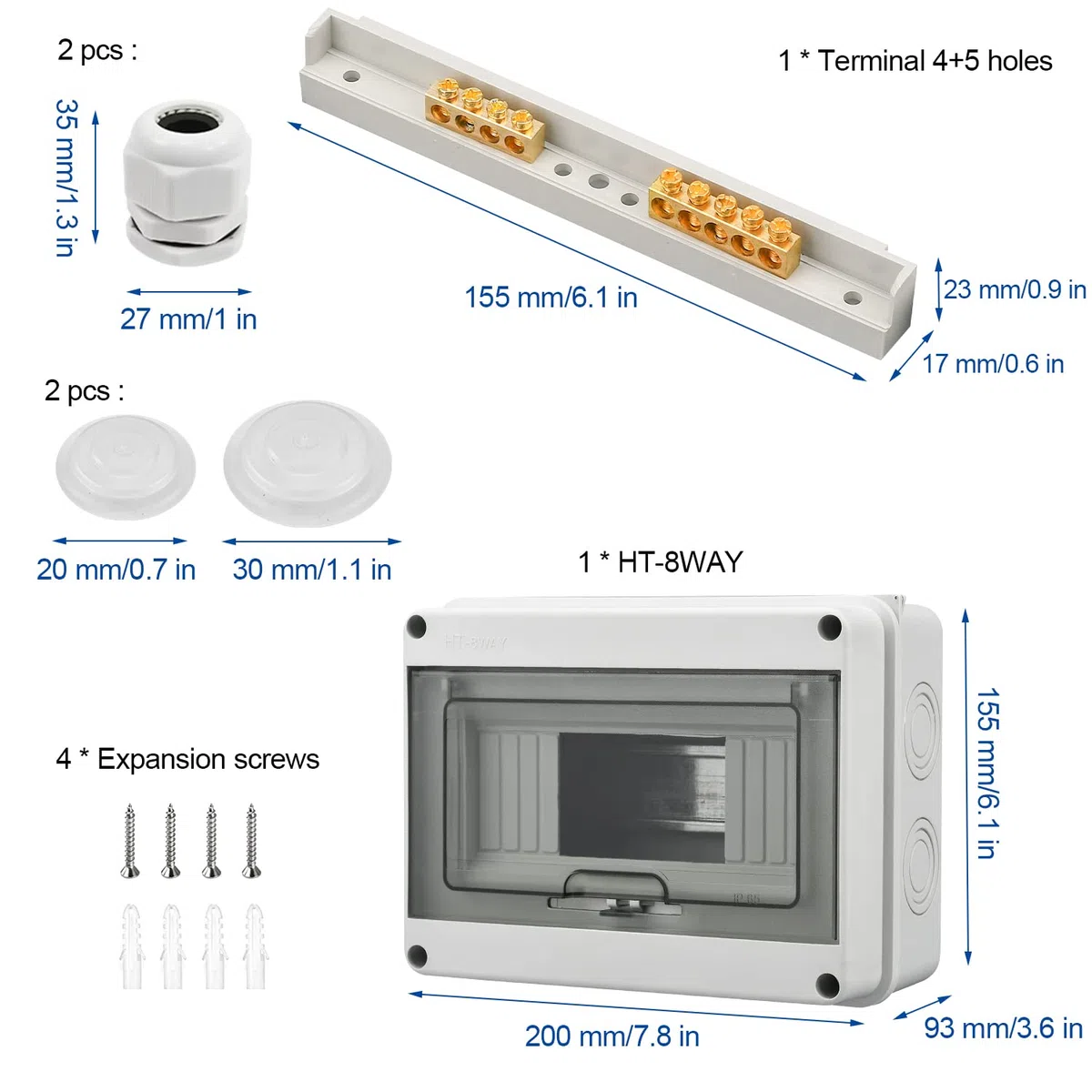 Quadro Elettrico Esterno, 8 Moduli Scatola Stagna IP65, Con 4 Terminali, 2 Connettori, per Esterni, Giardini, Stazioni di Ricarica, siti Industriali (8 Moduli)