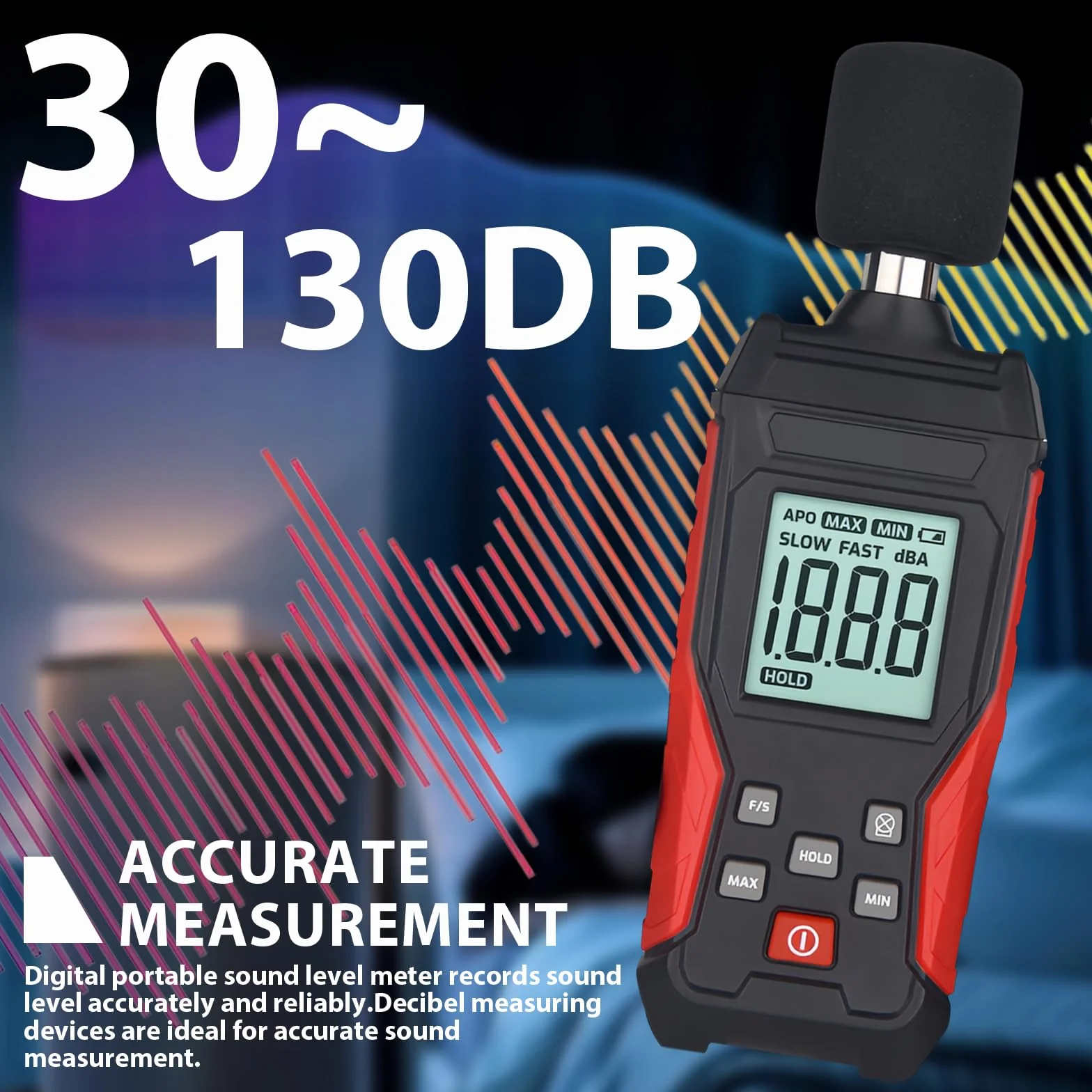 Misuratore di Decibel Professionale con Memorizzazione Dati | Fonometro Digitale Portatile | Misuratore di Livello Sonoro 30-130 dB(A/C) per Casa, Cantiere, Ufficio | Display LCD con Illuminazione