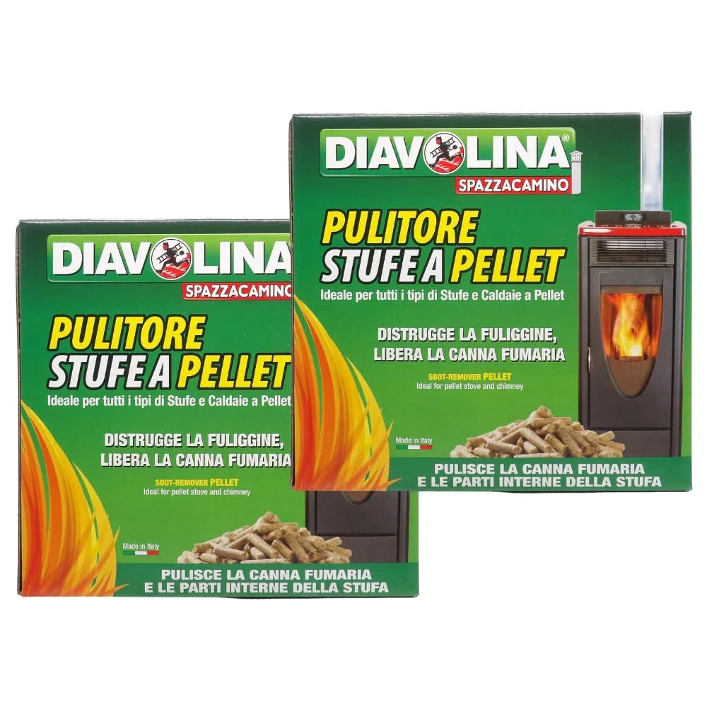 Pulitore Stufe a Pellet, Distrugge la Fuliggine, Libera la Canna Fumaria, Ideale per Tutti i Tipi di Stufe e Caldaie a Pellet, Formato da 1,5kg (2 Unità)