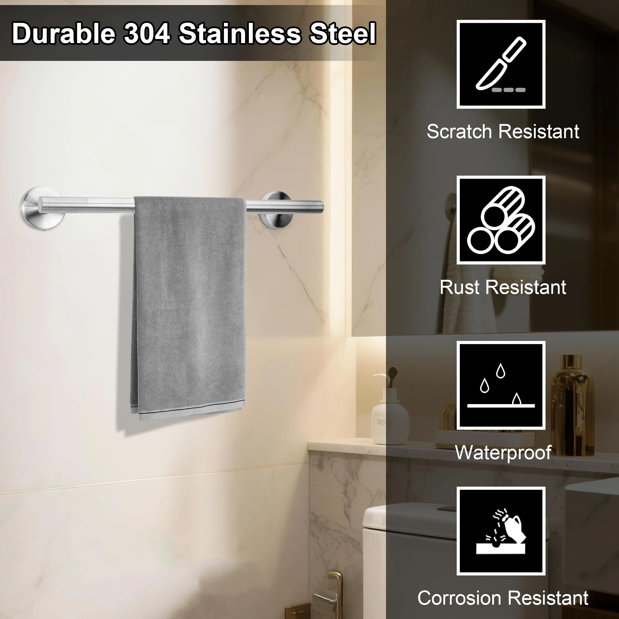 Set Porta Asciugamani Bagno Acciaio Inox 304 Gancio Per Accappatoio Accessori Il Cucina E Camera 5 Pezzi, Argento