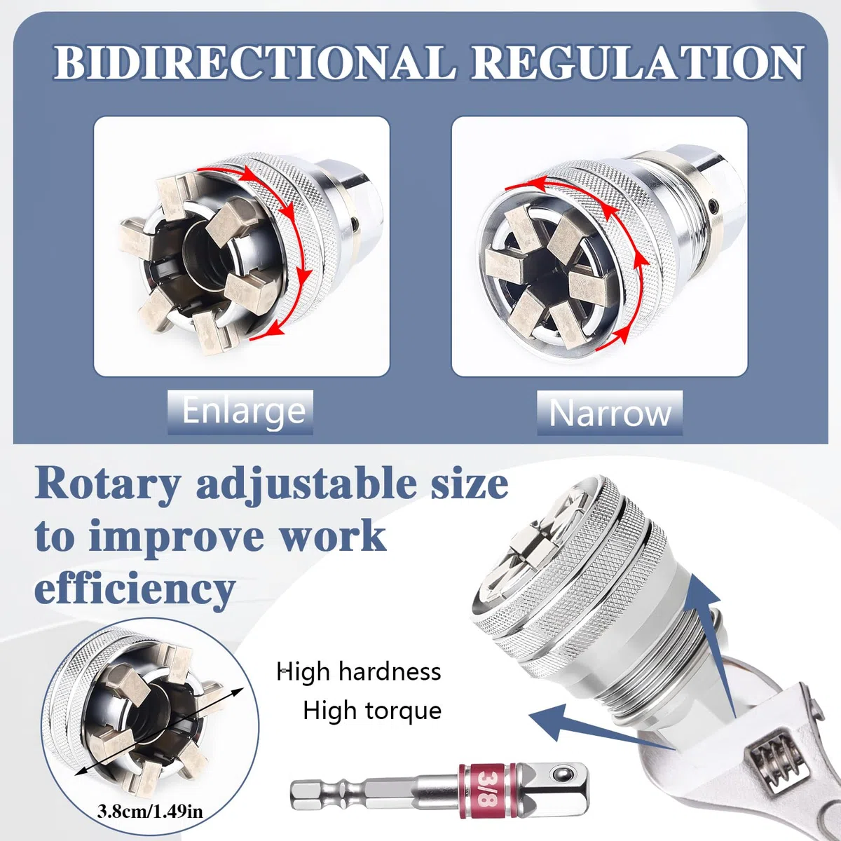 Chiave a bussola universale regolabile, adatta per dadi e bulloni a testa esagonale da 10-19 mm, strumento driver per trapano elettrico da 3/8" e chiavi a cricchetto
