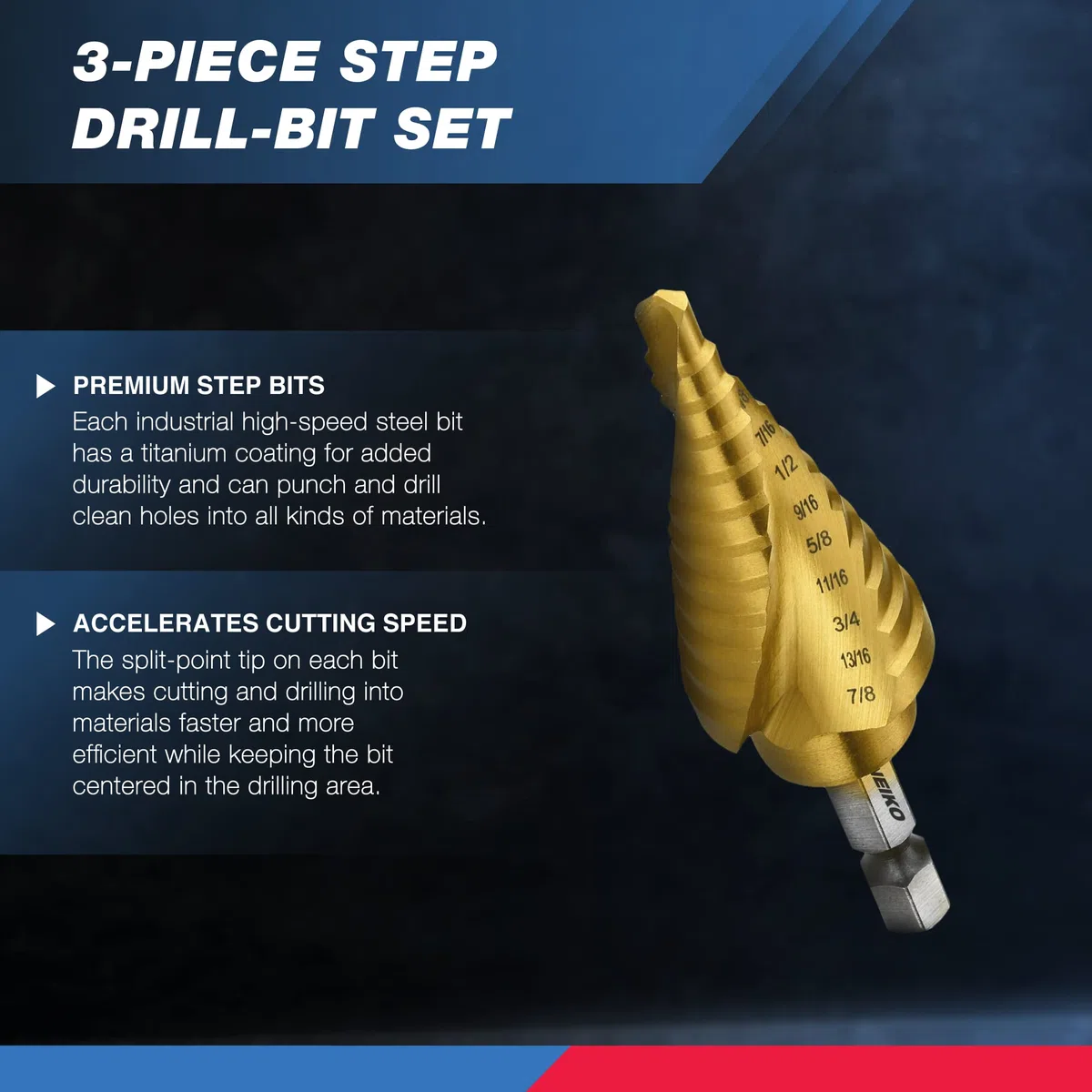 NEIKO 10181A - Set di 3 punte per trapano a gradino, scanalate a spirale per una foratura più veloce, punte a gradino per acciaio inossidabile, metallo, legno, plastica, punte coniche Unibit con 31