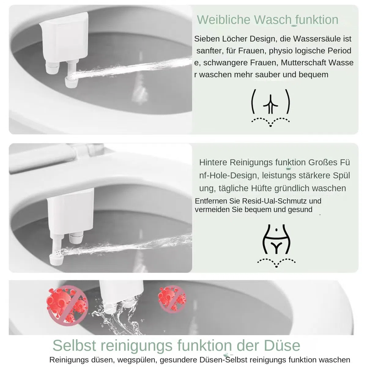 Sedile WC bidet con doppio ugello, sciacquone intelligente, autopulente, acqua regolabile, non elettrico, bidet con spray d'acqua dolce, accessorio per bidet per WC, igiene e comfort