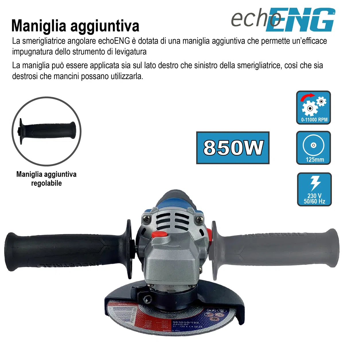 ENG PRO Smerigliatrice Angolare Elettrica con Disco da 125 mm potenza 800 WATT Impugnatura aggiuntiva, professionale, velocità 11000 r.p.m - UM ET SA12