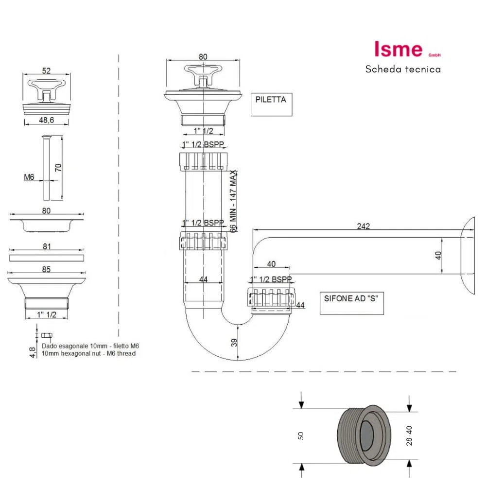 Schläfer 4618105 | Kit di Scarico con Sifone per Lavello Universale G 1 1/2 e Piletta con Tappo per Lavabo, Lavatoio, Lavanderia, Raccordo Tubo Scarico a parete da 40mm