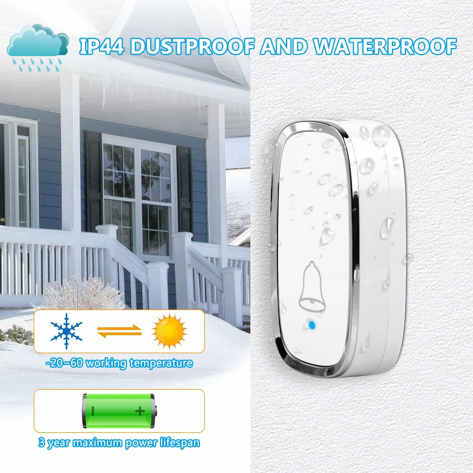 Campanello Senza Fili da Esterno: Campanello Wireless, Campanello Senza Fili da Interno, Doorbell Impermeabile IP44, 1 Trasmettitore e 2 Ricevitore, 58 Suonerie 5 Volume, Indicatori LED, Portata 300m