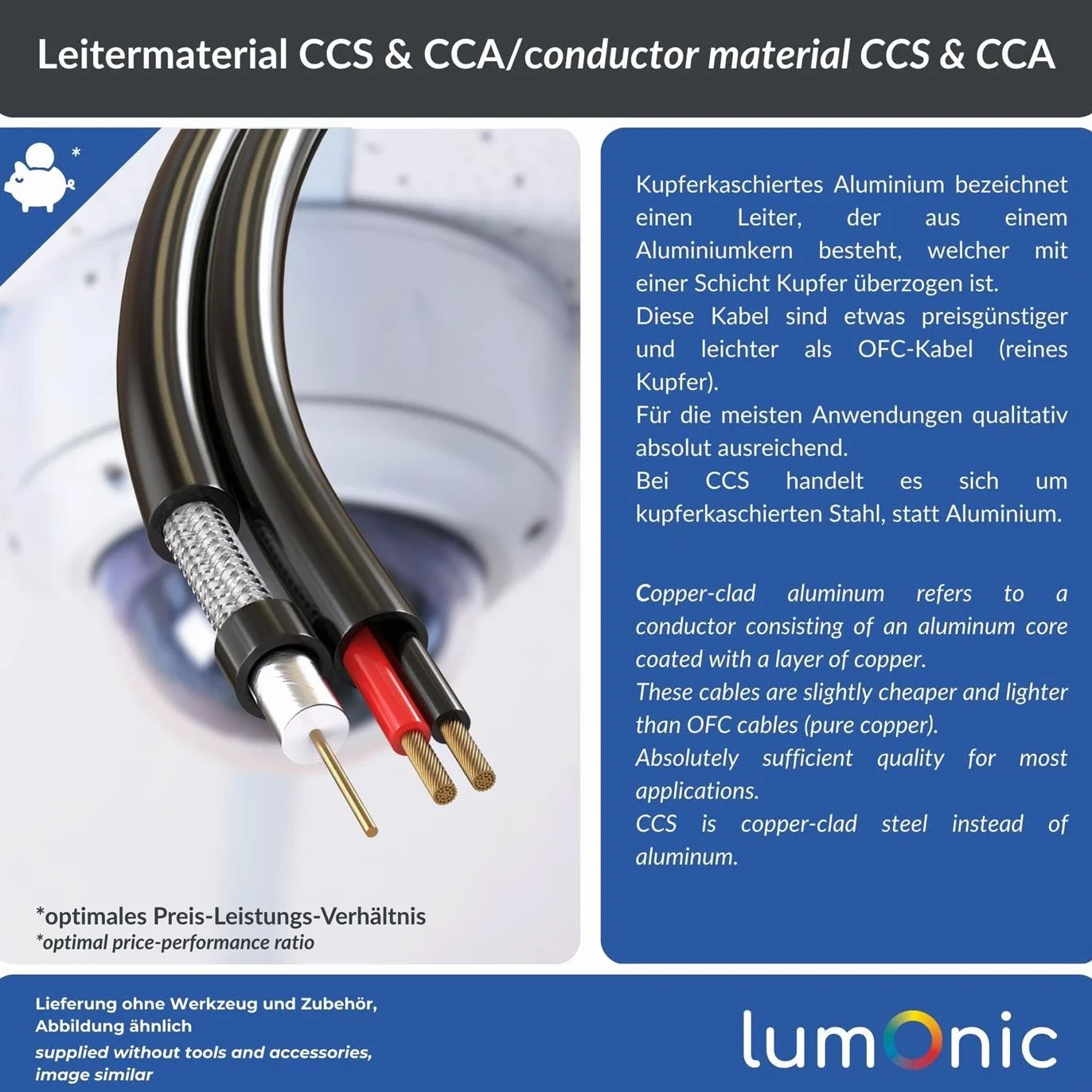 Lumonic RG59 RG59 Cavo coassiale + Linea elettrica 50m | Cavo di sorveglianza TVCC con alimentazione | Cavo combinato a 75 Ohm, Doppia schermatura, 90dB Smorzamento, Video + Elettricità