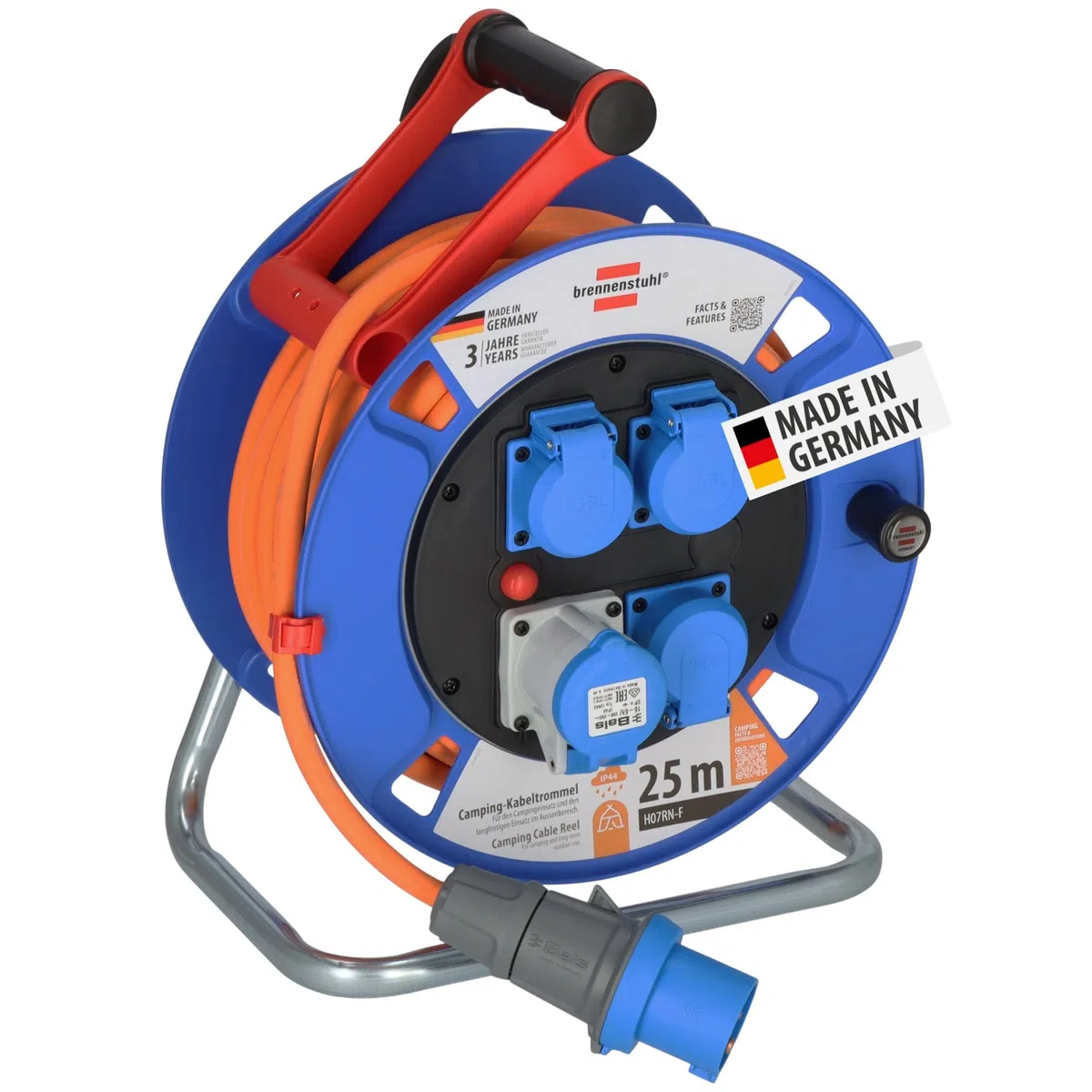 Brennenstuhl Garant Avvolgicavo da campeggio CEE IP44 (CEE con cavo da 25 m, H07RN-F 3G2.5, arancione, avvolgicavo per uso permanente esterno IP44, Made in Germany)