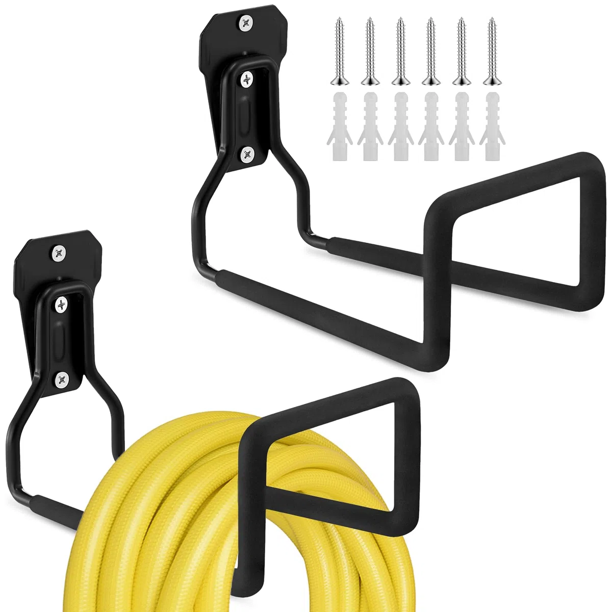 2 Pcs Porta Tubo Giardino Metallo, Supporto Tubetto Flessibile Appendere Parete, Ganci Tubone Acqua Ferro Robusti, Utensili Organizzazione Domestico Durevole per Esterno, Garage, Biciclette (Nero)