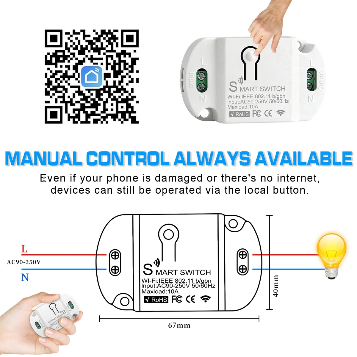 4 pezzi interruttore della luce intelligente modulo 10 A, interruttore Wi-Fi intelligente universale Smart Life Wi-Fi interruttore Smart WiFi modulo compatibile con Alexa Google Assistant